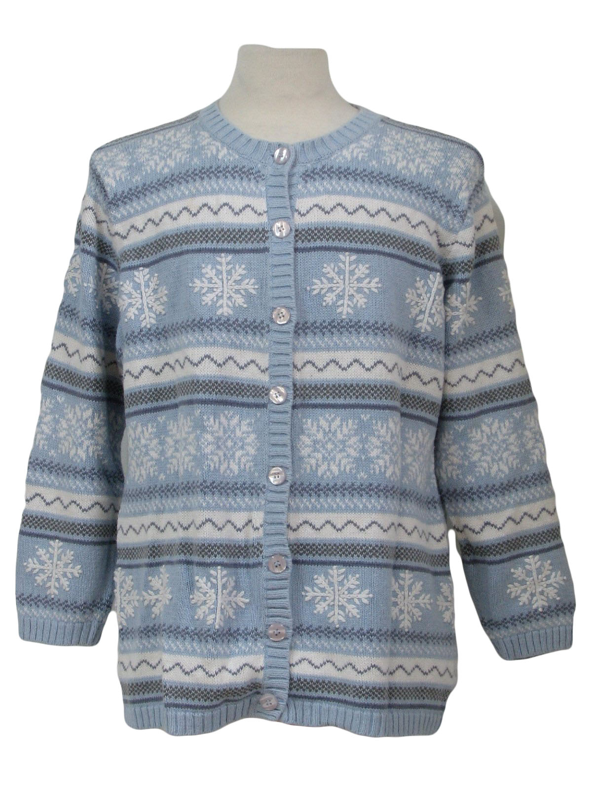 Womens Ugly Christmas Sweater: -Cherokee- Womens Light Blue background cotton ramie blend button