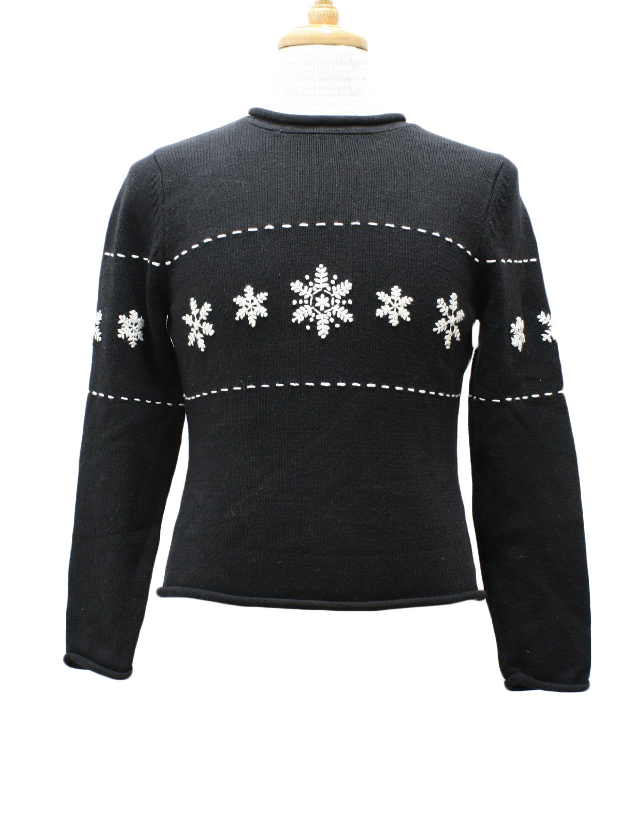 Womens Ugly Christmas Sweater Sonoma Petite Womens or Girls Black background acrylic and cotton blend pullover longsleeve ugly Christmas sweater round neckline with Different sizes of snowflakes acr...