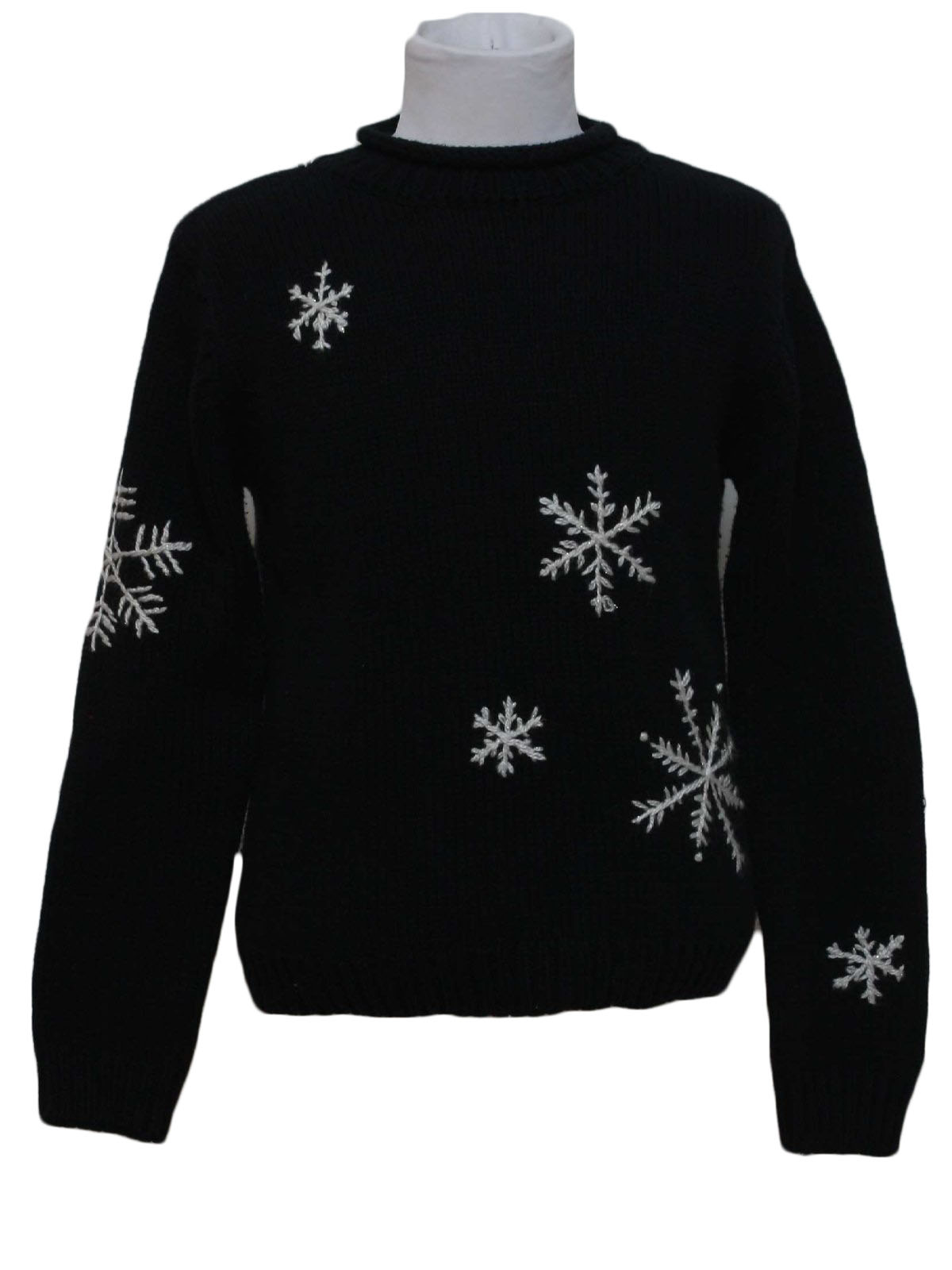 Womens Childs Minimalist Ugly Christmas Sweater The Childrens Place Girls Childs Black background cotton acrylic blend pullover longsleeve ugly Christmas sweater round neckline with off White snowfl...