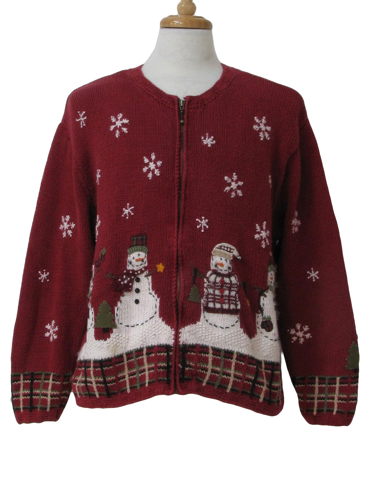 Ugly Christmas Sweater Croft Barrow Unisex Burgundy background cotton ramie blend zip front longsleeve ugly Christmas Sweater round neckline with White snowflakes falling on four snowmen at the bott...
