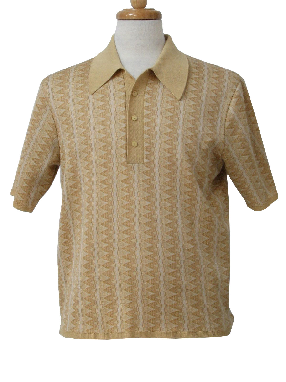 Vintage 70s Knit Shirt: 70s -Missing Label- Mens shaded tan and off
