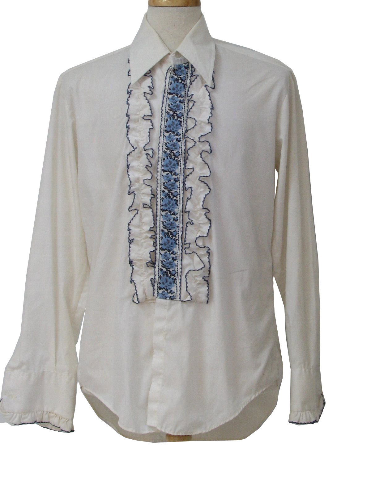 Vintage 1970's Shirt: 70s -After Six- Mens white and shaded blue ruffle ...