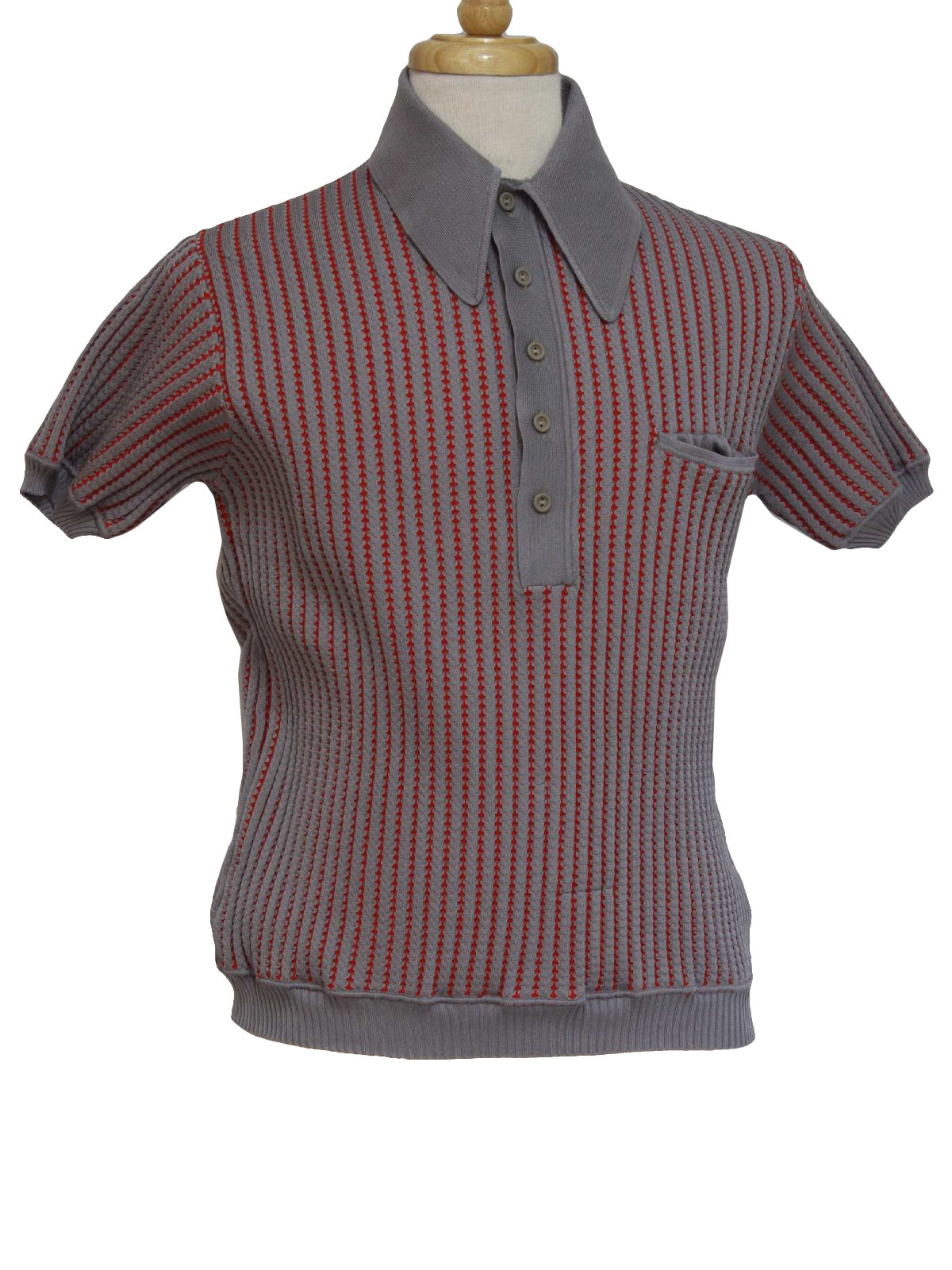 Retro 70's Knit Shirt: Early 70s -Damon- Mens grey and red textured rib ...
