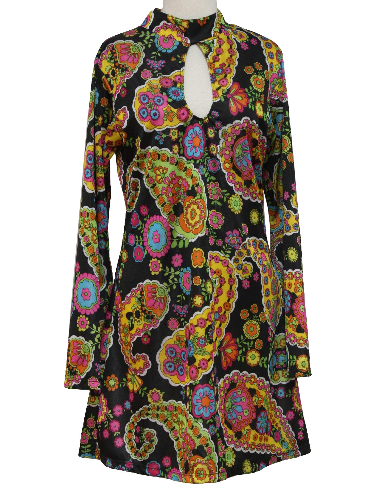 1970's Retro Hippie Dress: 70s -no label- Womens black, yellow, lime ...