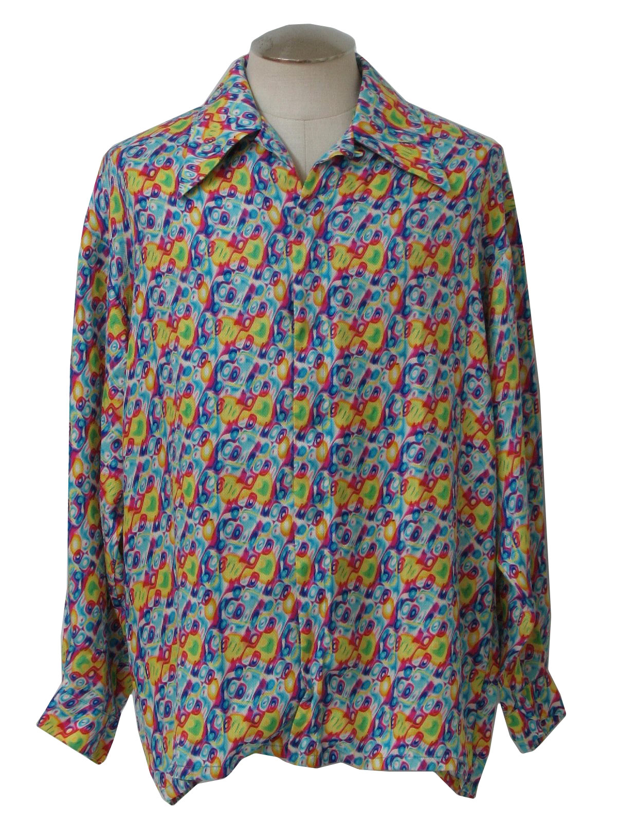 1990s Shirt: 90s -No Label- Mens turquoise, magenta, yellow, white and ...