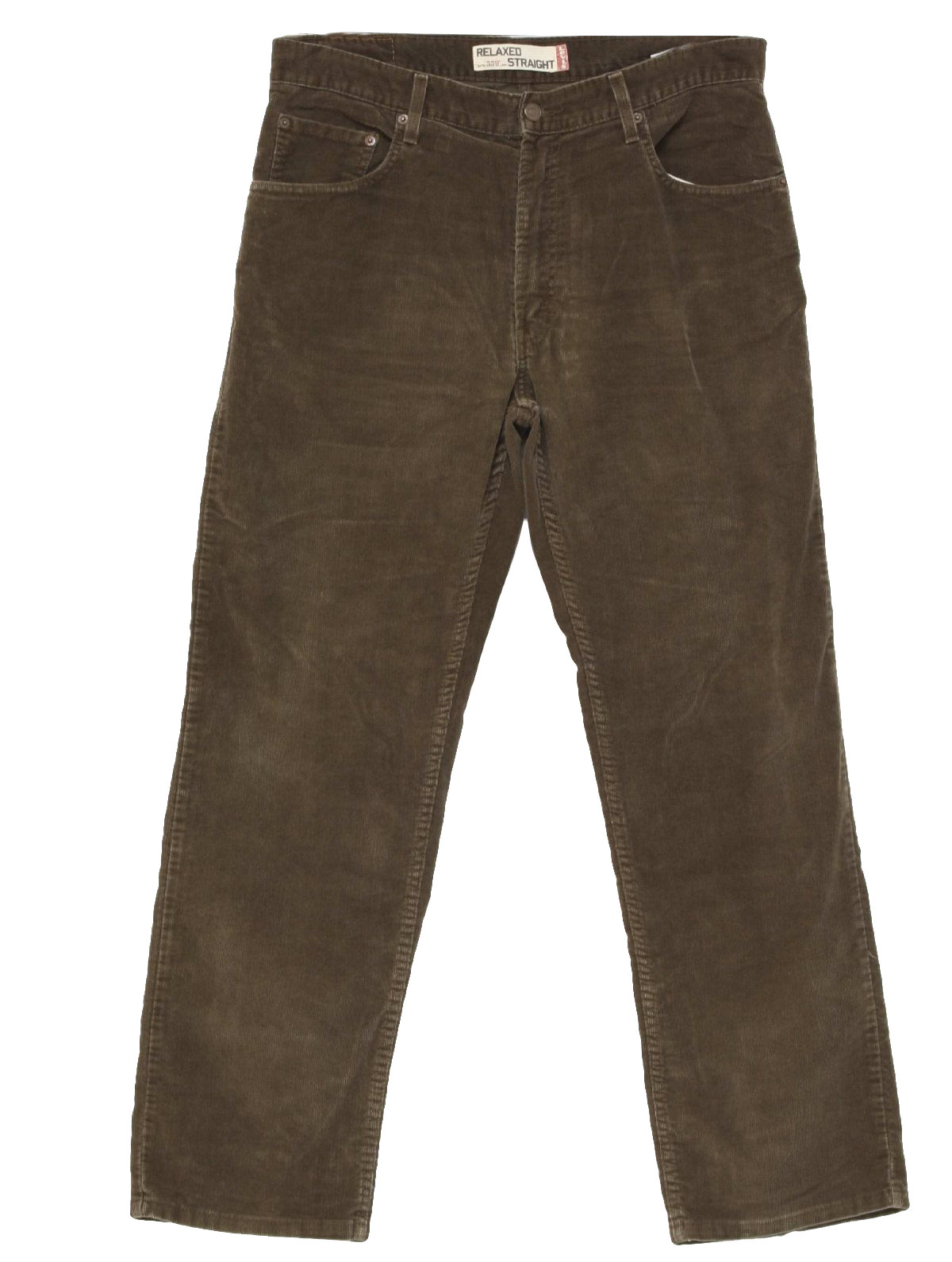 90s Vintage Levis 559 Pants: 90s -Levis 559- Mens brown cotton corduroy  straight leg jeans-cut pants with zipper fly, plain hems, inset front  pockets, back patch pockets and standard size belt loops.