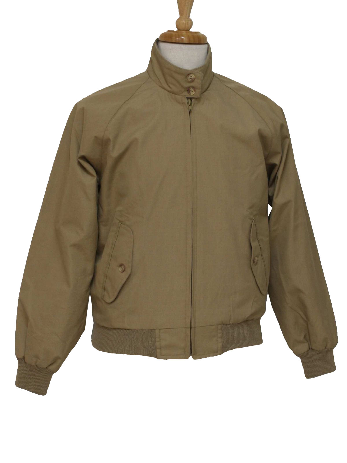 90 s Lands End Jacket 70s Lands End Mens khaki polyester cotton blend golf style jacket. Zip front two button closure at fold over or stand up collar two lower button inset pockets