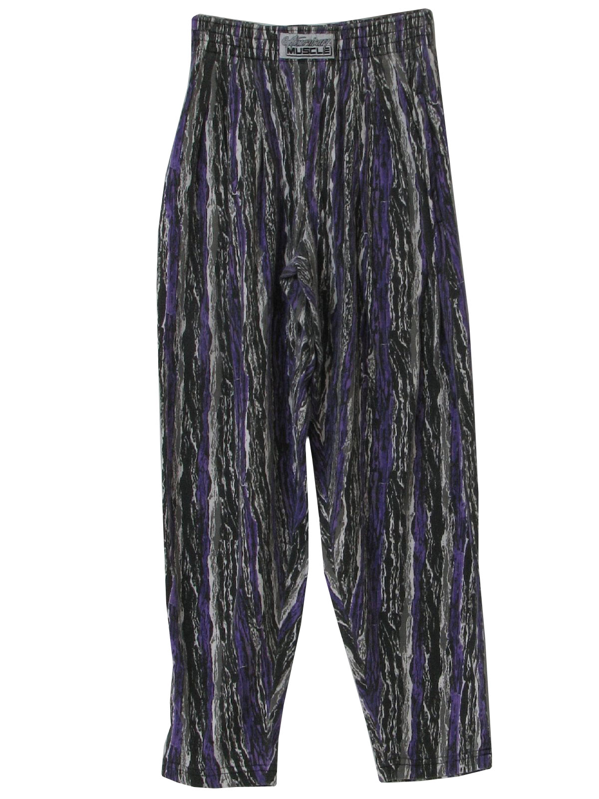 Retro 1980's Pants (American Muscle) : 80s -American Muscle- Here is your  rescue pack brother, keep these black, grey, white and black abstract  totally 80s animal print baggy pants in your car