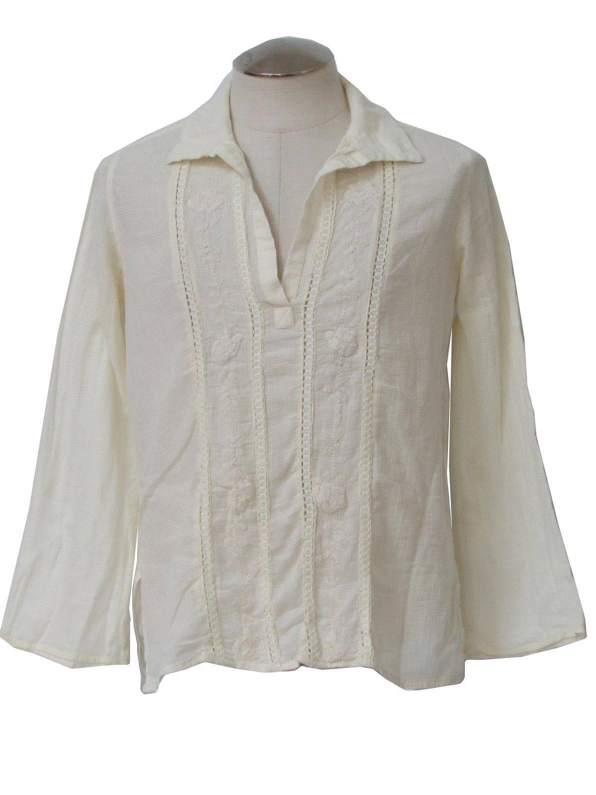 Eighties Hippie Shirt: 80s -no label- Unisex cream semi-sheer cotton ...