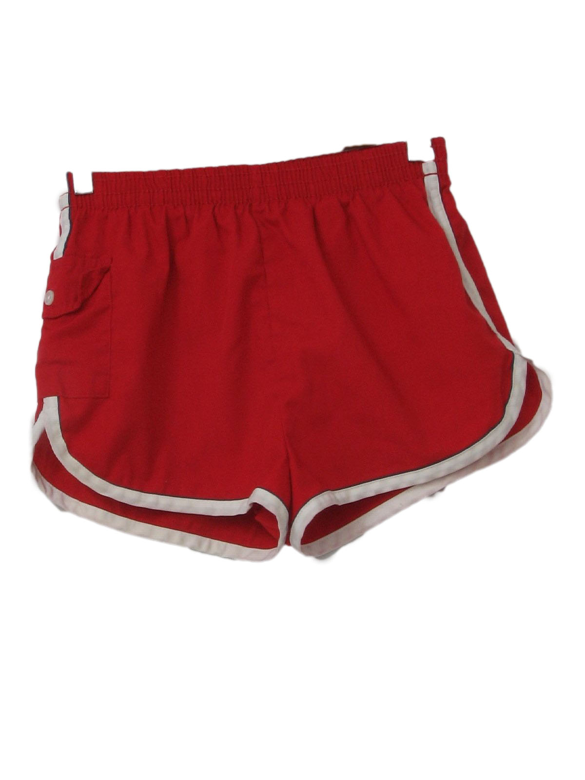 1970s Vintage Shorts 70s Worn Label Mens red white and blue side seam stripe accented polyester and cotton elastic waist short shorts with nylon brief lining and right hip cargo pocket