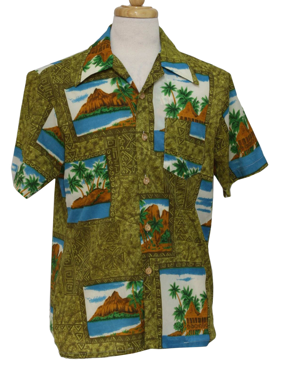 no label 70's Vintage Hawaiian Shirt: 70s -no label- Mens tropical blue ...