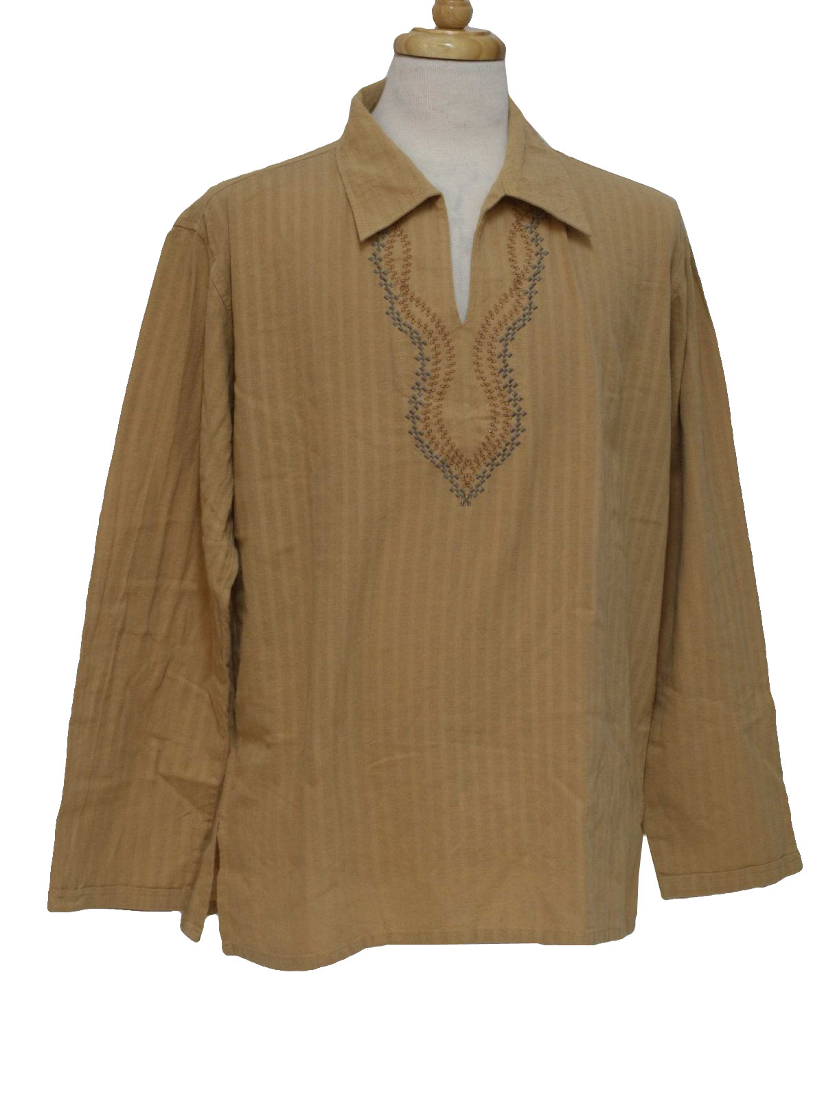 1970s Hippie Shirt: 70s -no label- Mens golden-tan, silver-grey and ...
