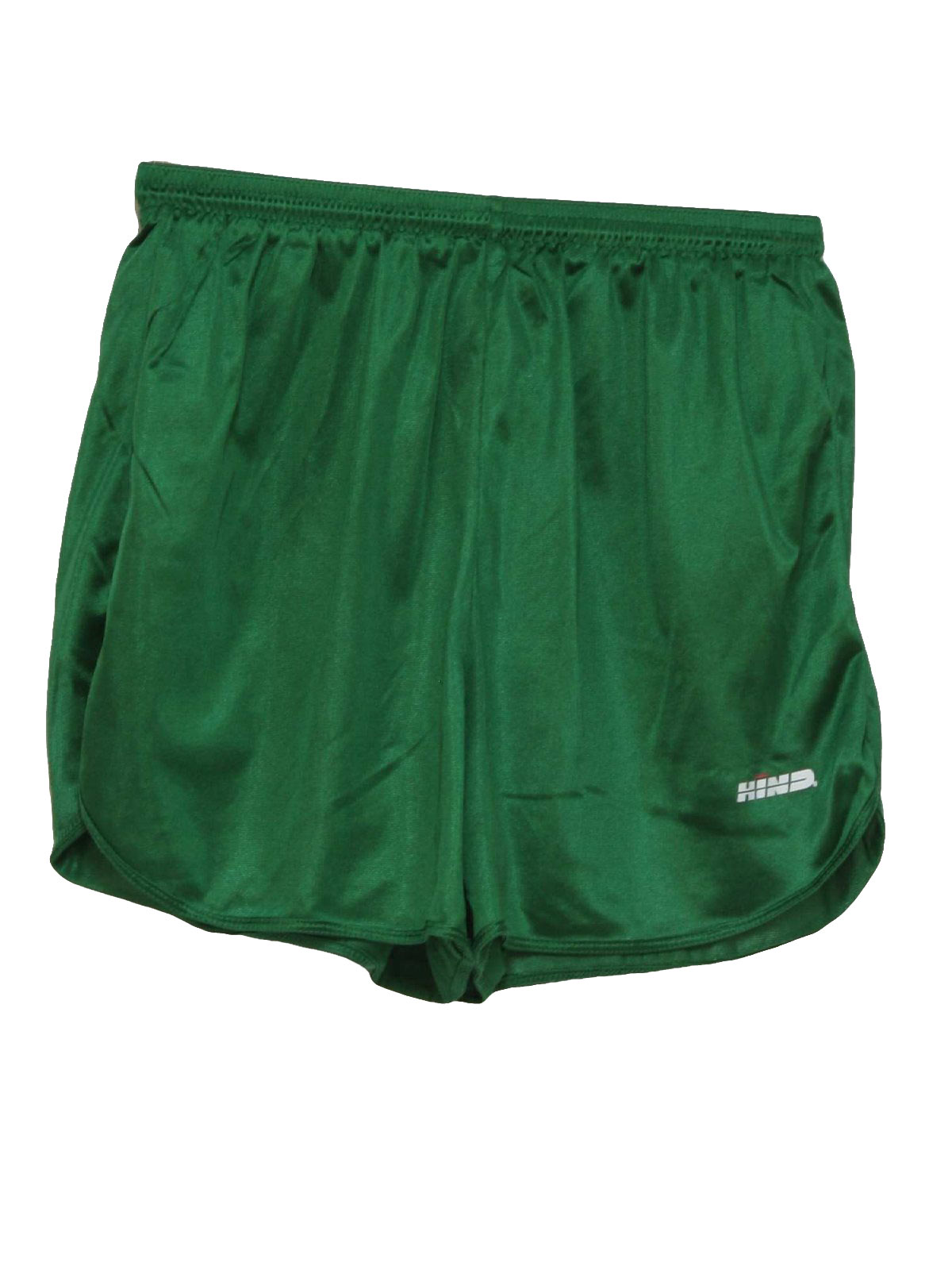 90 s Hind Shorts 90s Hind Mens shiny green nylon high waist super short running shorts with elastic tie off waistline and notched side vent hems
