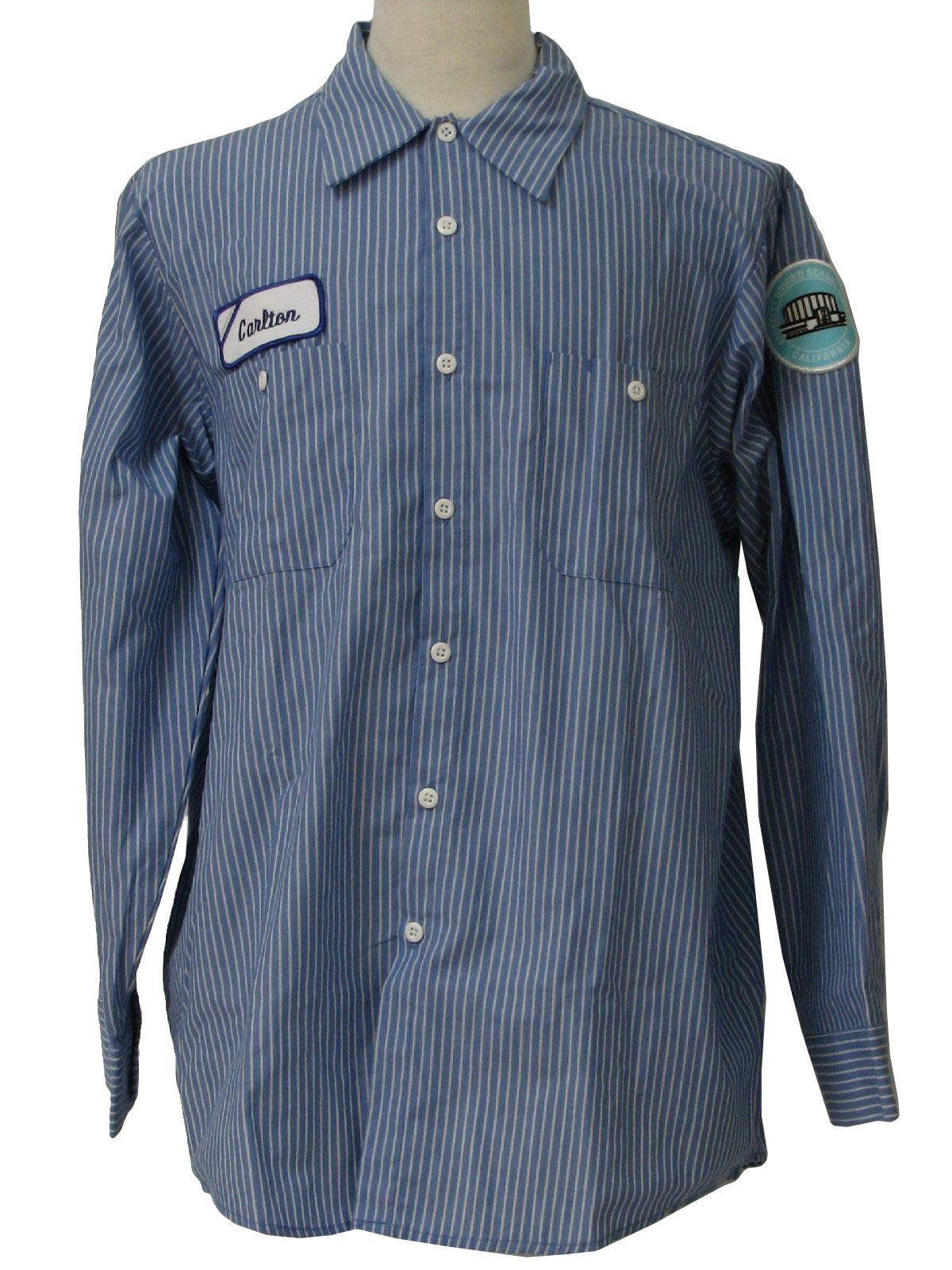 1990s Aramark Shirt: 90s -Aramark- Mens blue and white striped cotton ...