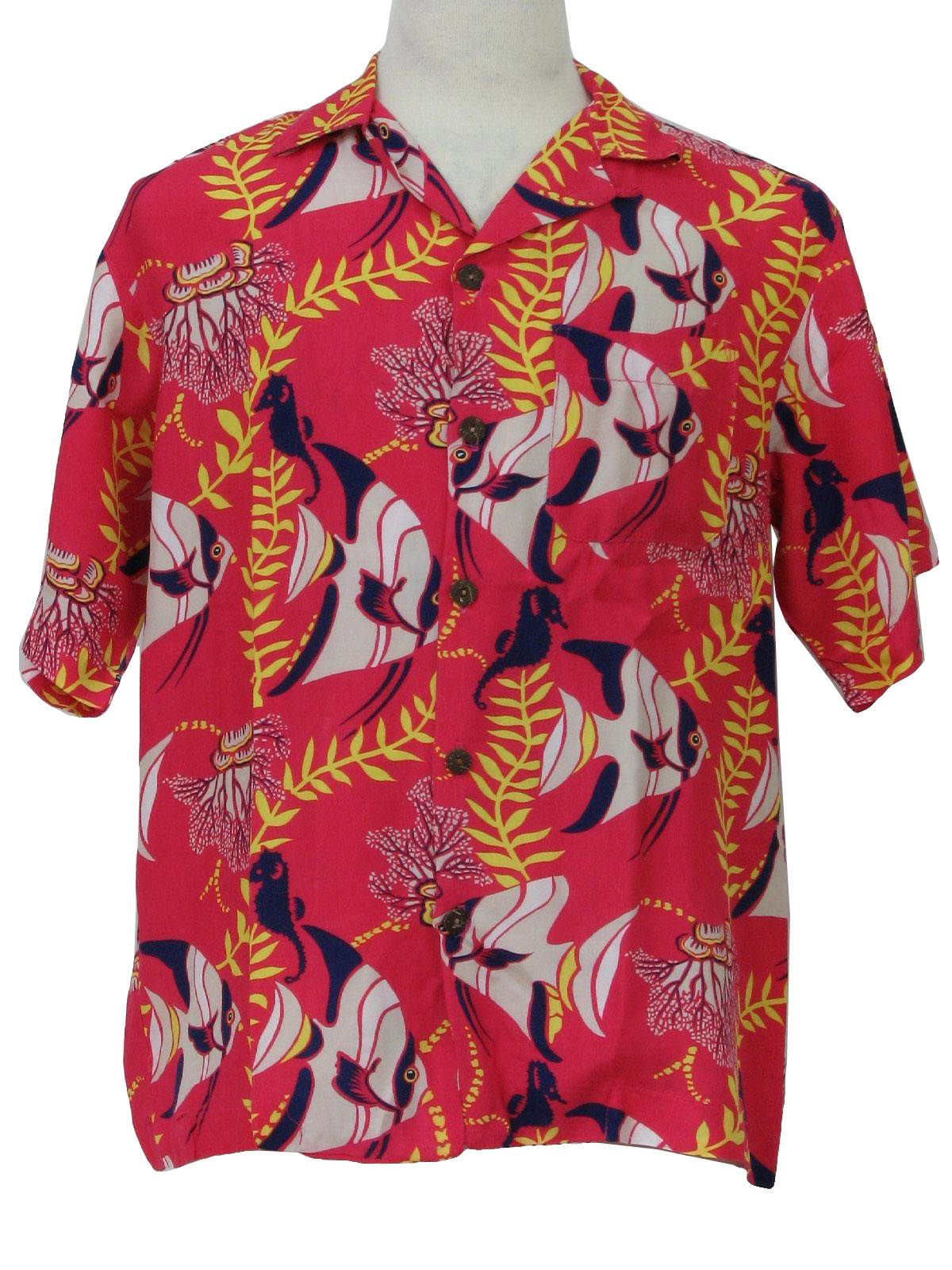 Vintage 1980's Hawaiian Shirt: 80s -Reminiscence- Mens cerise, gold ...