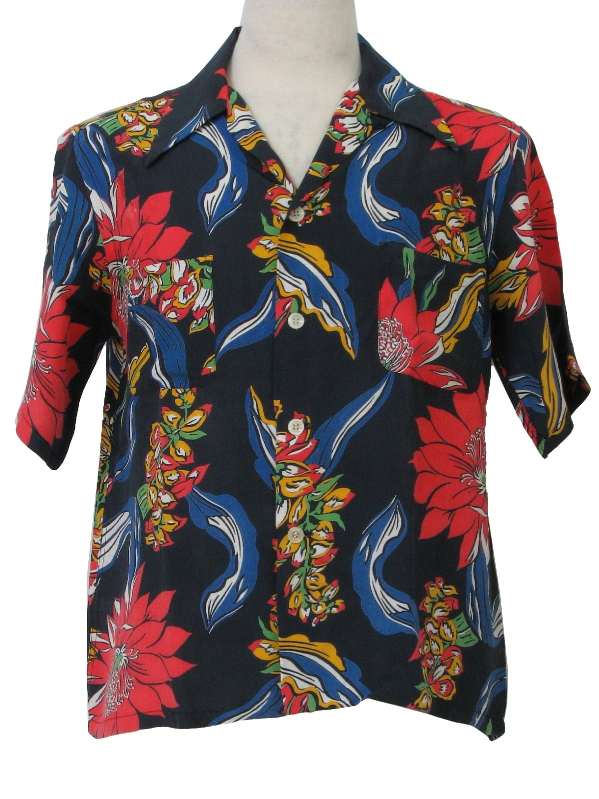 1940's Hawaiian Shirt: Late 40s -No Label- Mens midnight blue, blue ...