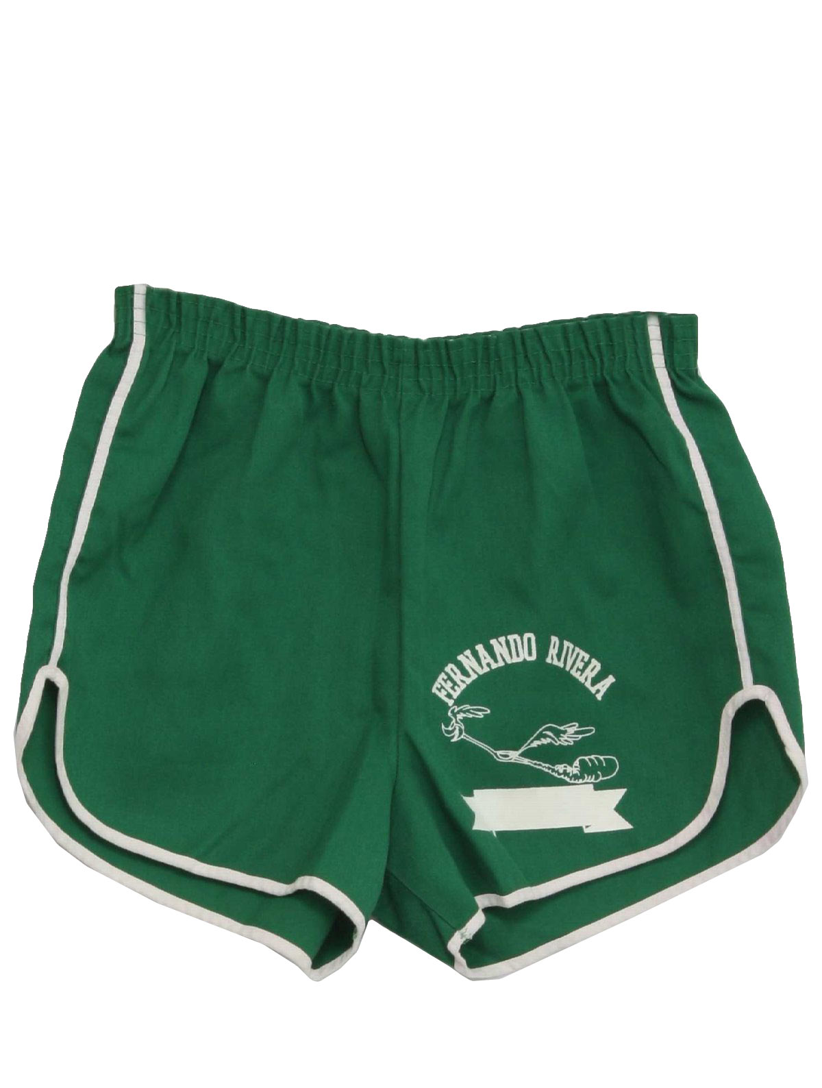 Retro 1980s Shorts: 80s -Athletic Shorts- Mens green and white polyester  and cotton slide on totally 80s gym shorts with elastic waistline and lower  left hem -Fernando Rivera- print in white.