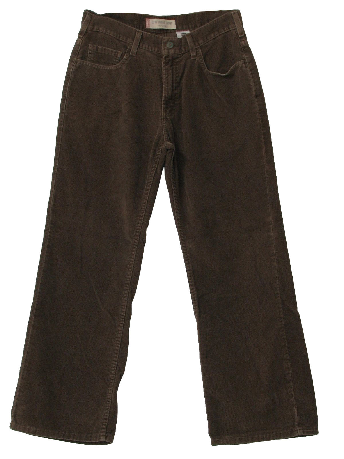 90s Vintage Levis 567 Pants: 90s -Levis 567- Mens medium brown well worn  polyester and cotton jeans cut corduroy pants with low, loose, boot cut  styling, classic four pocket cut and button/zip