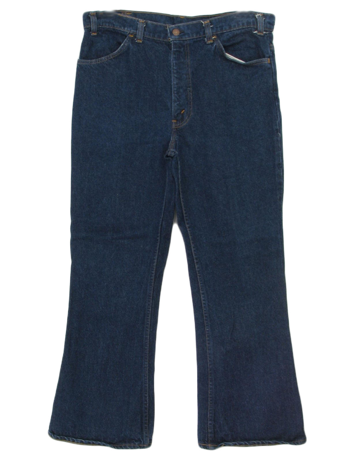 60s Flared Pants / Flares (Levis): Late 60s or early 70s -Levis- Mens dark  blue cotton denim, high waist flared pants with four top entry pockets,  button/ talon 42 stamped zip front