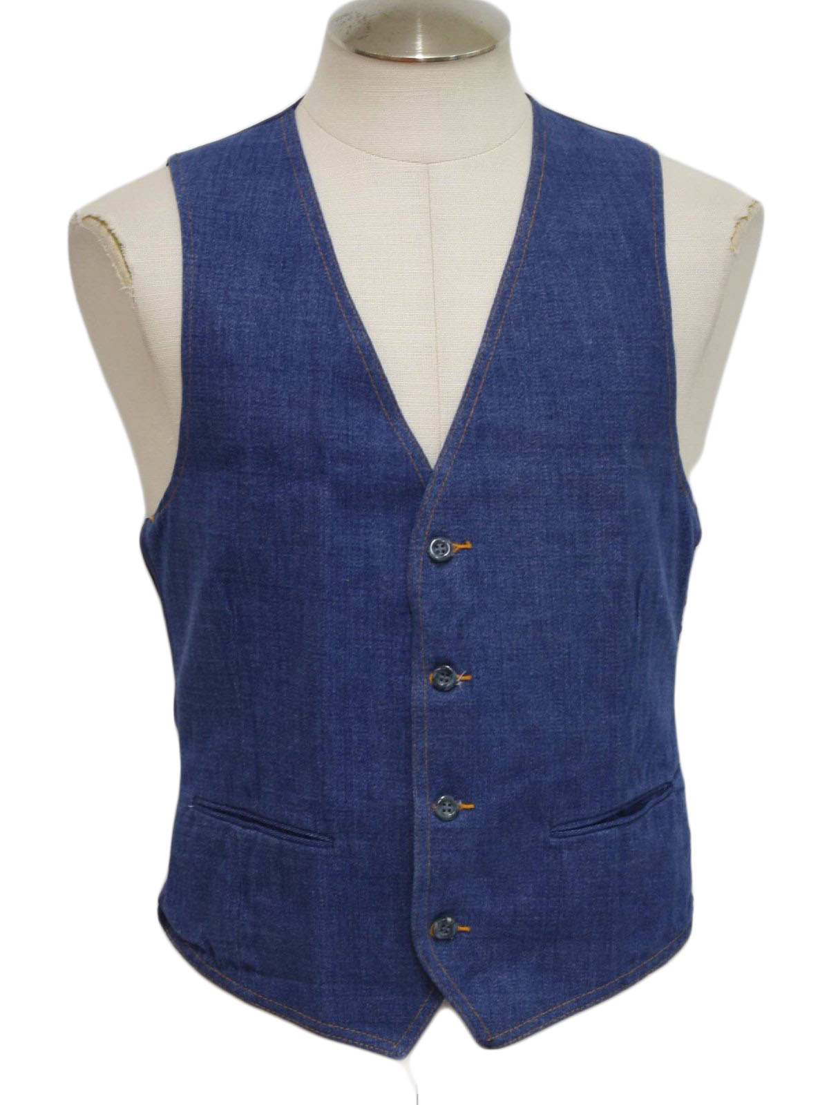 Vintage 1970's Vest: 70s -Missing Label- Mens blue cotton denim, nylon ...