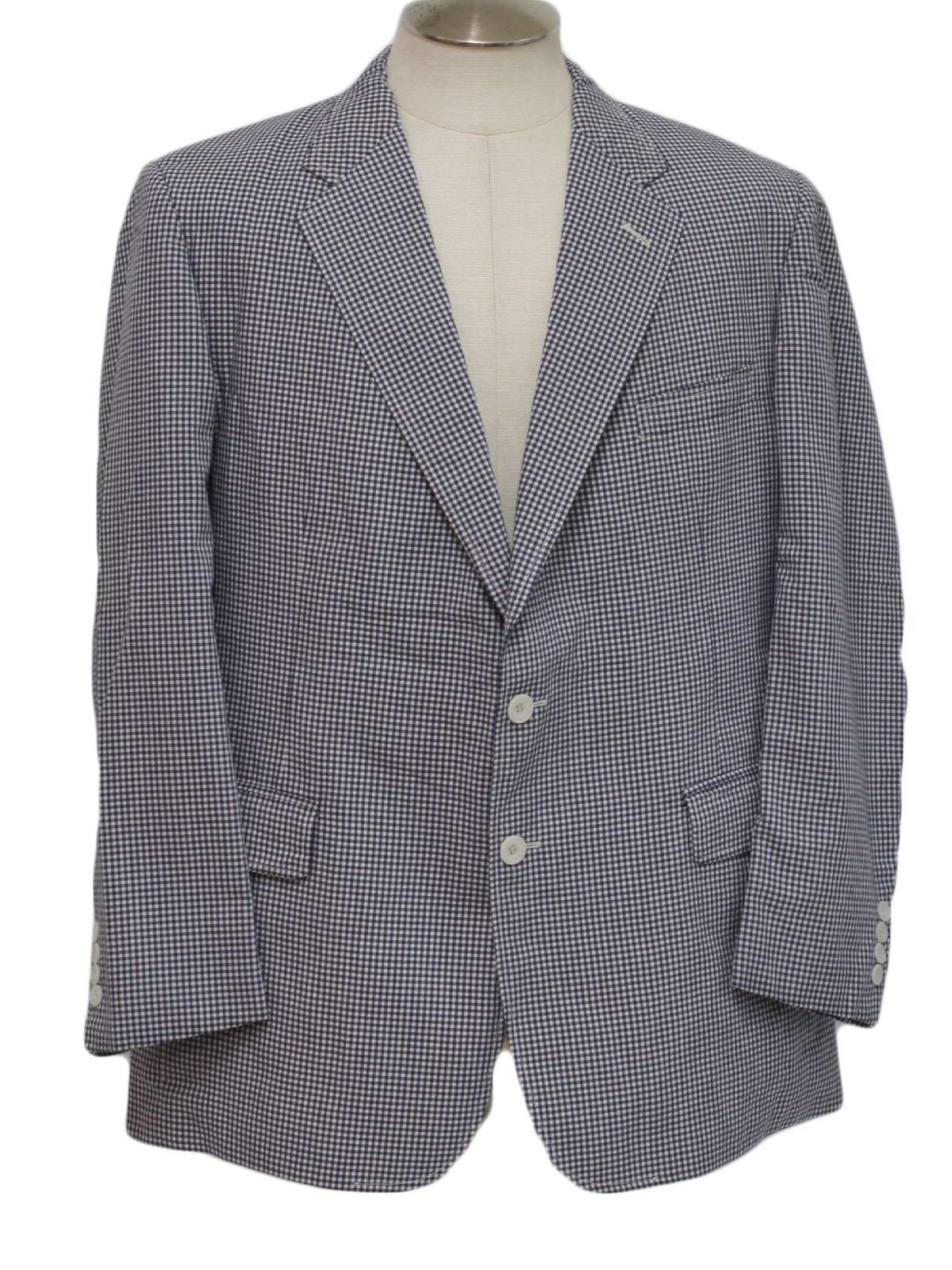70s Jacket: 70s -No Label- Mens navy blue and white gingham polyester ...