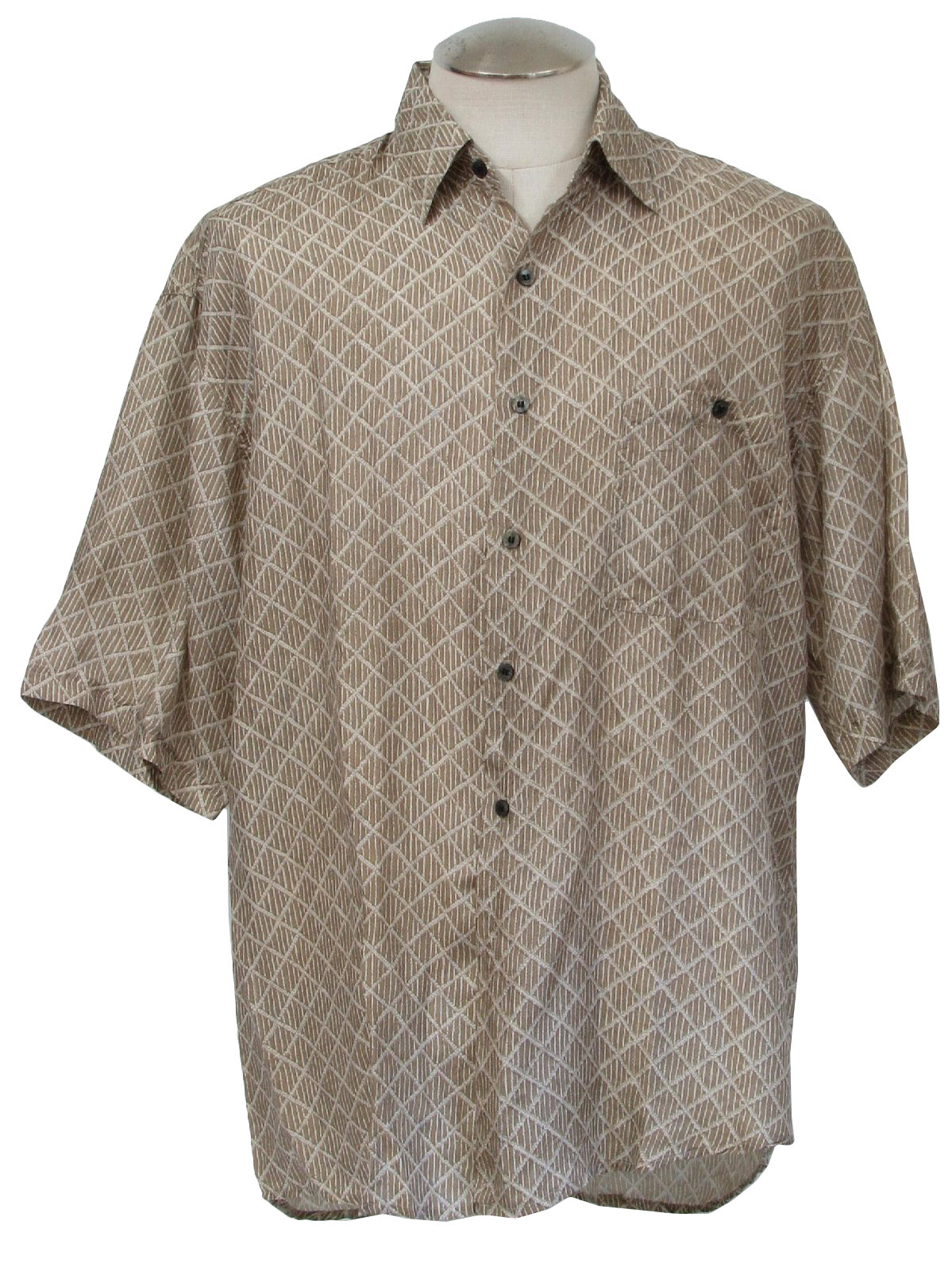 90's Utopia Shirt: 90s -Utopia- Mens tan and cream geometric print silk ...