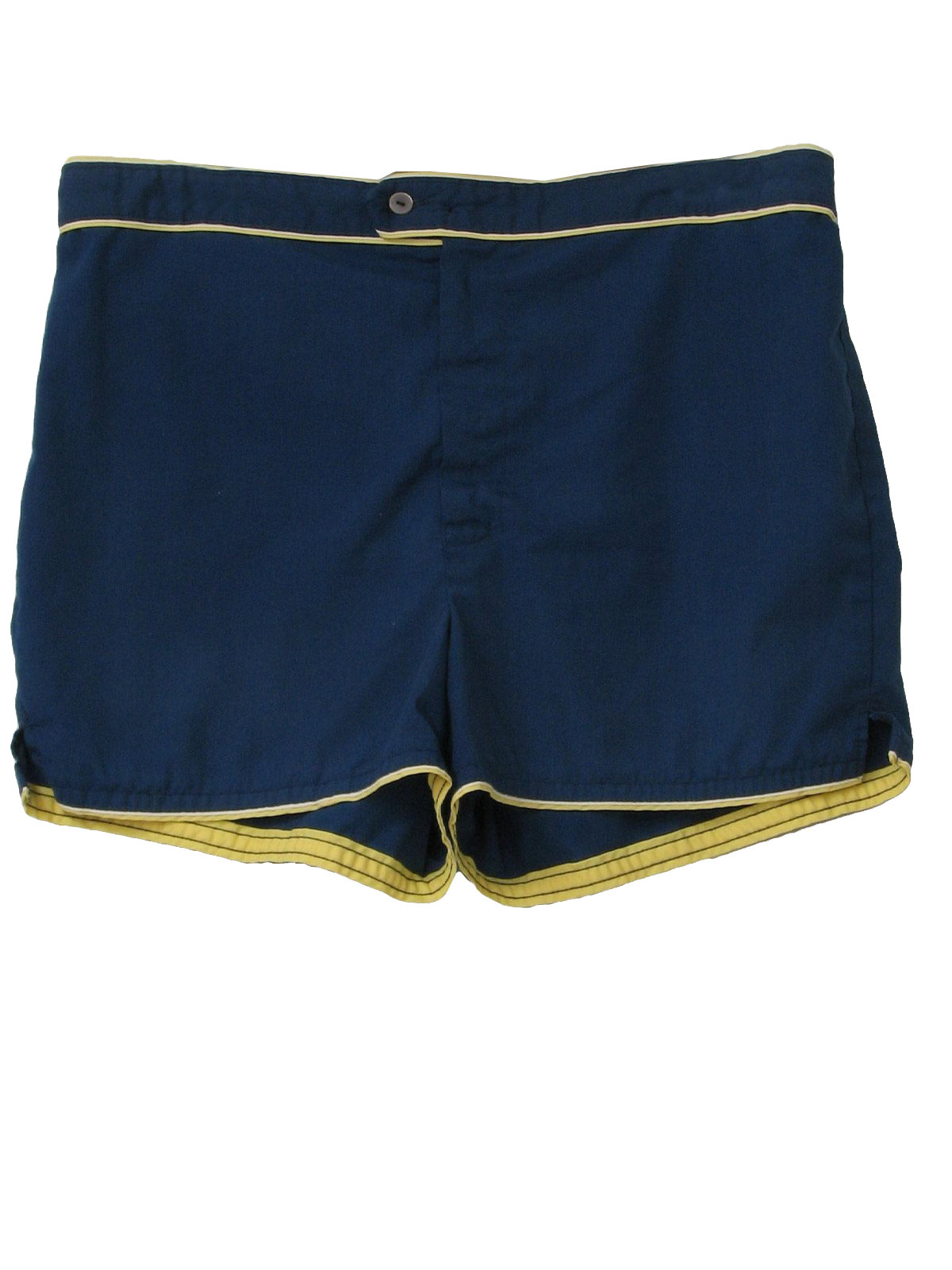 1970s Shorts: 70s -no label- Mens navy blue, yellow and white cotton ...