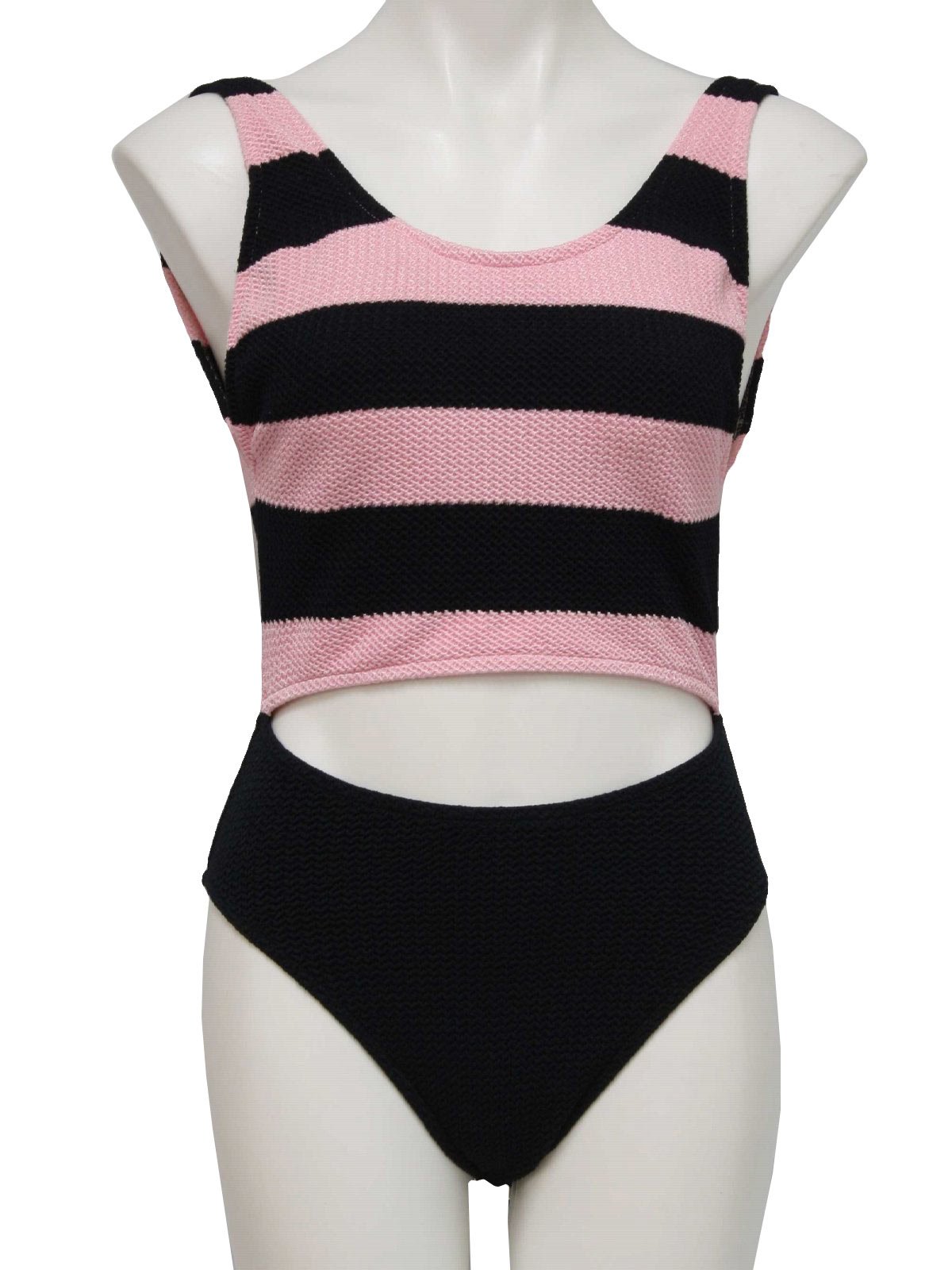 Robby Len Eighties Vintage Swimsuit/Swimwear: 80s -Robby Len- Womens black  and pink polyester and spandex blend swimsuit. One piece with a split two  piece look that reveals the midrift, crochet knit bikini