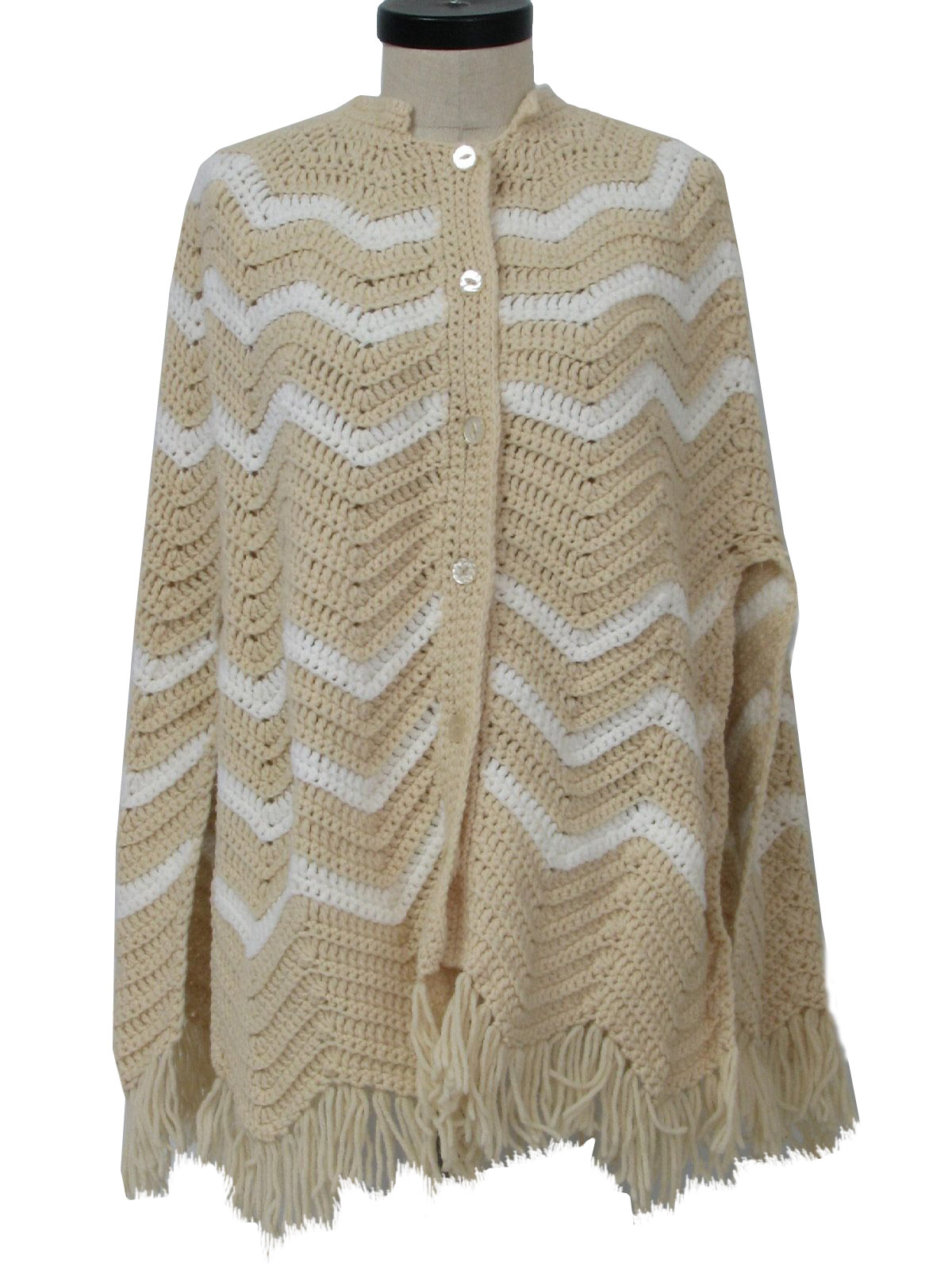 1970's Retro Sweater: 70s -Hand Knit- Womens white and light tan ...