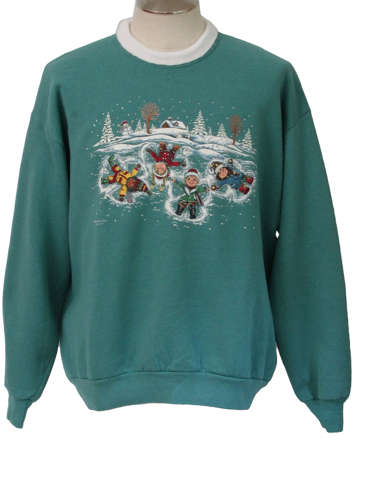 Ugly Christmas Sweatshirt: -Morning Sun- Unisex celadon green background blue, white, red ...