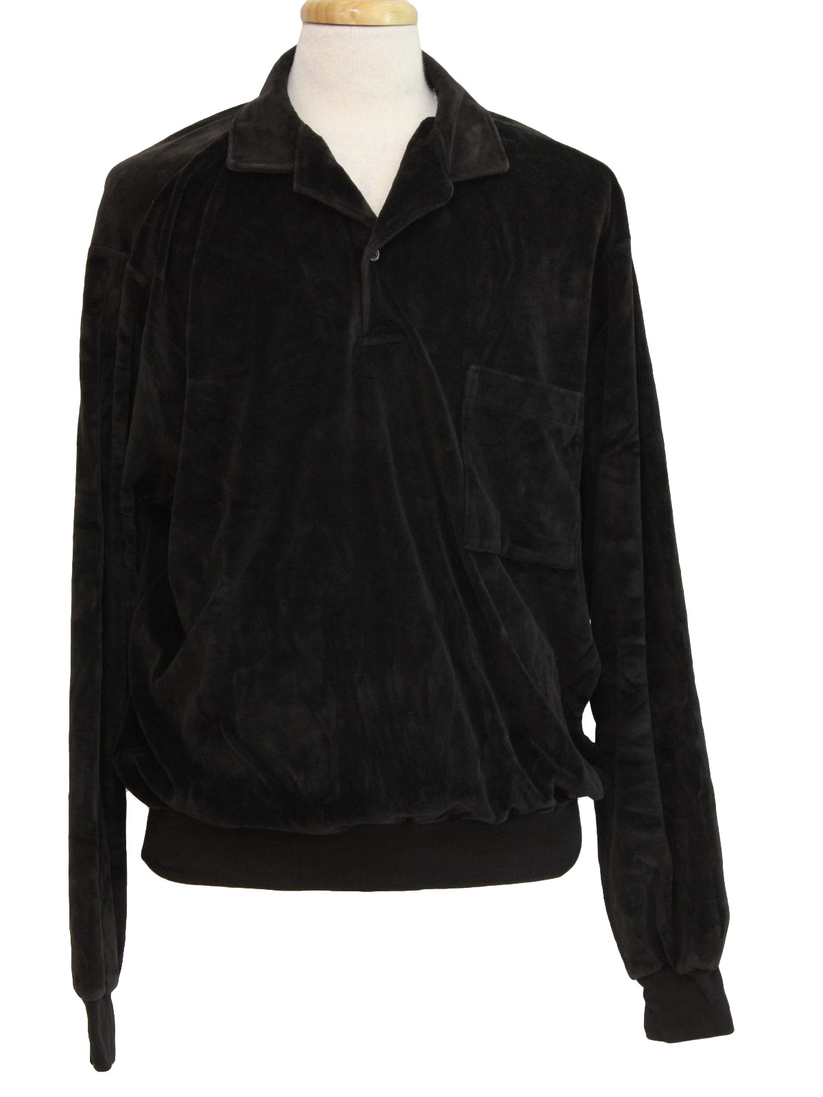 1980s Vintage Velour Shirt: 80s -Spire- Mens black long sleeve cotton ...