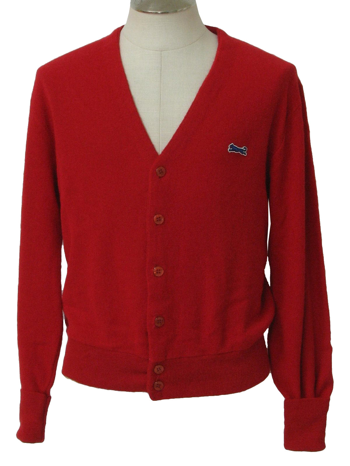 Retro 80's Caridgan Sweater: 80s -Le Tigre- Mens red acrylic long ...