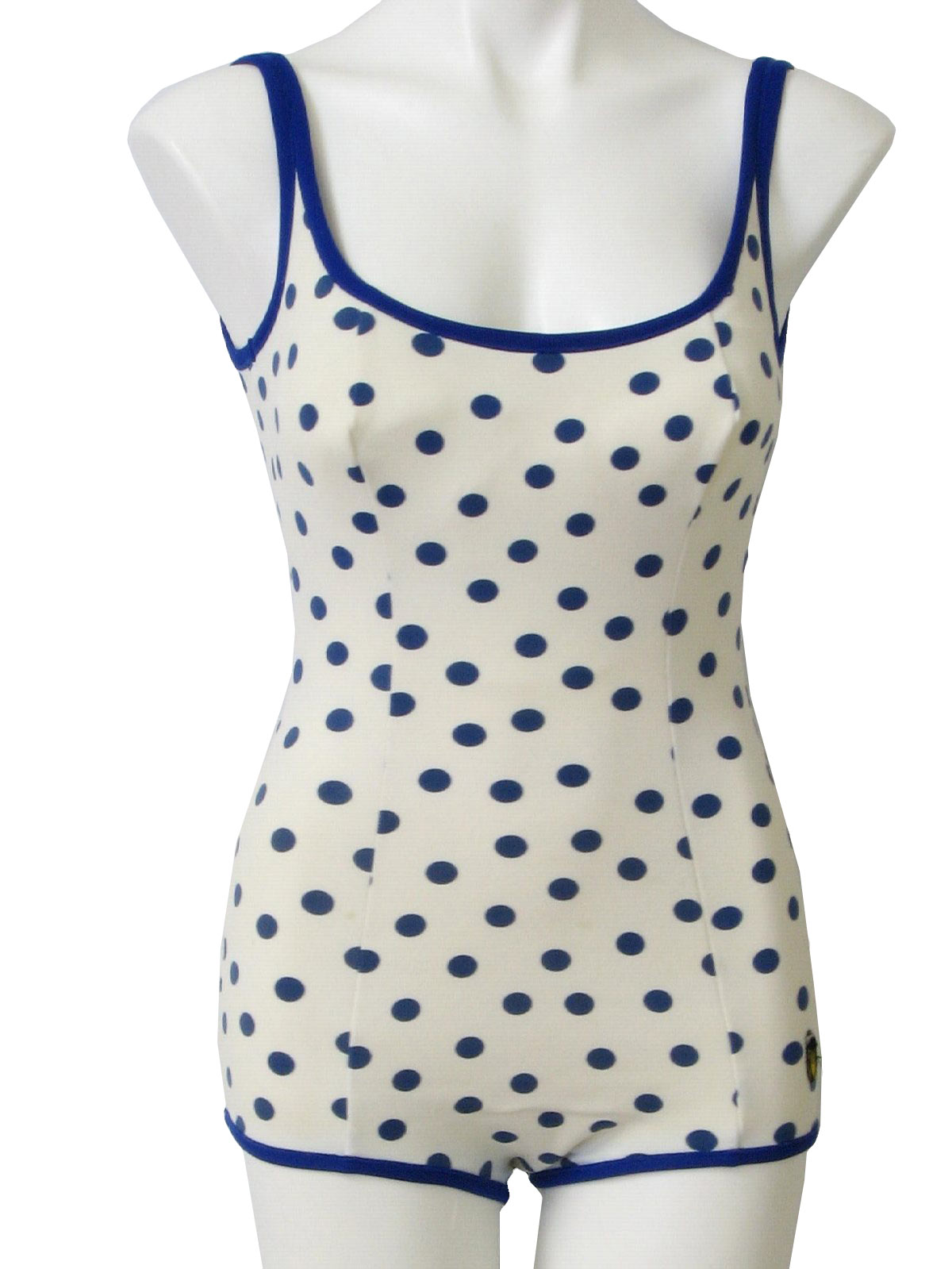 Vintage 60s Swimsuit Swimwear 60s Triumph International Womens White And Blue Lolita Polka Dot Print One Piece Polyester Mod Swimsuit With Royal Blue Seaming Thin Tank Straps Princess Seaming And Modest Boy Short Vintage 60s Swimsuit Swimwear 60s Triumph International Womens White And Blue Lolita Polka Dot Print One Piece Polyester Mod Swimsuit With Royal Blue Seaming Thin Tank Straps Princess Seaming And Modest Boy Short