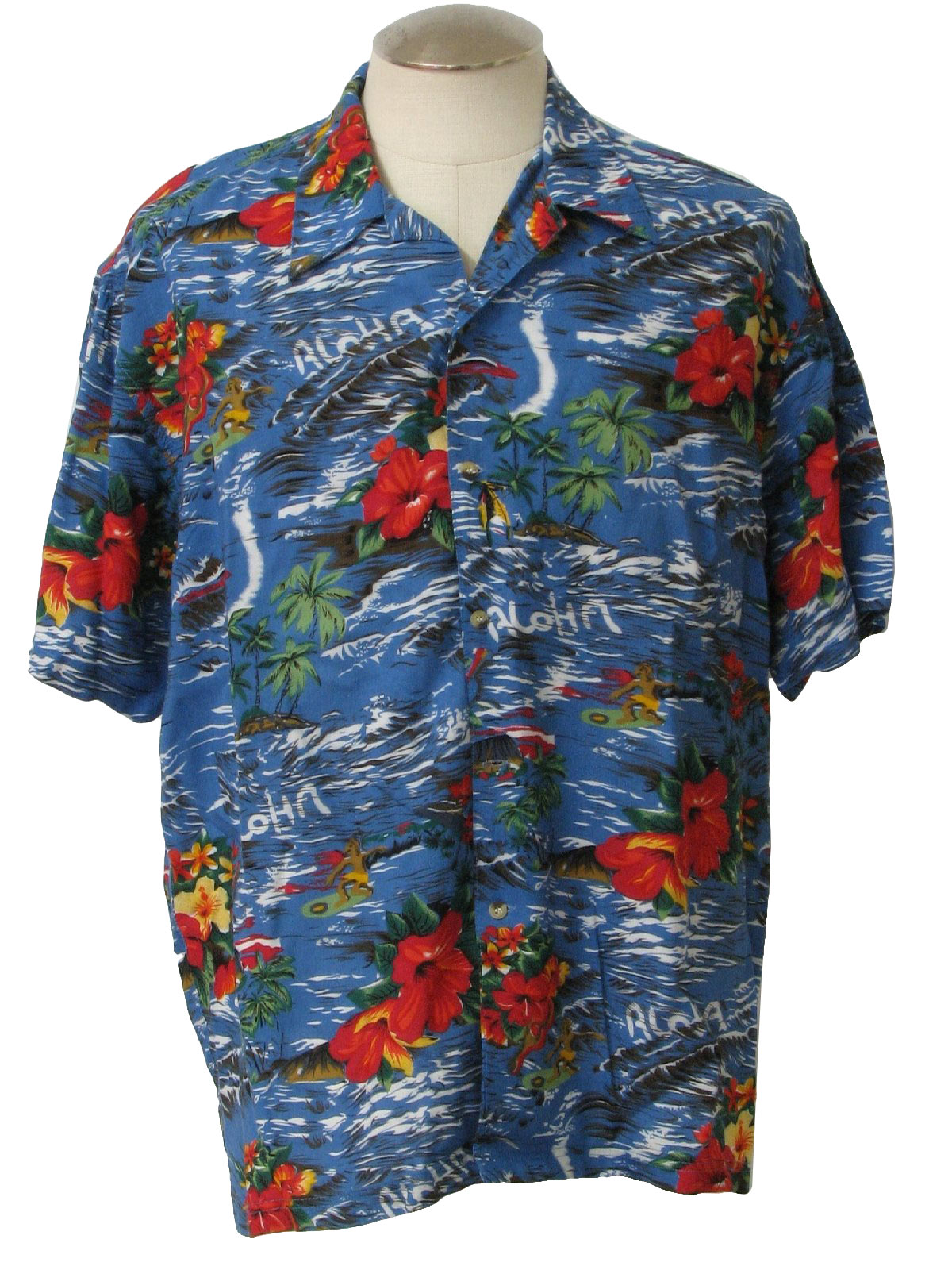 Eighties Vintage Hawaiian Shirt: Early 80s -Thums Up- Mens white, blue ...