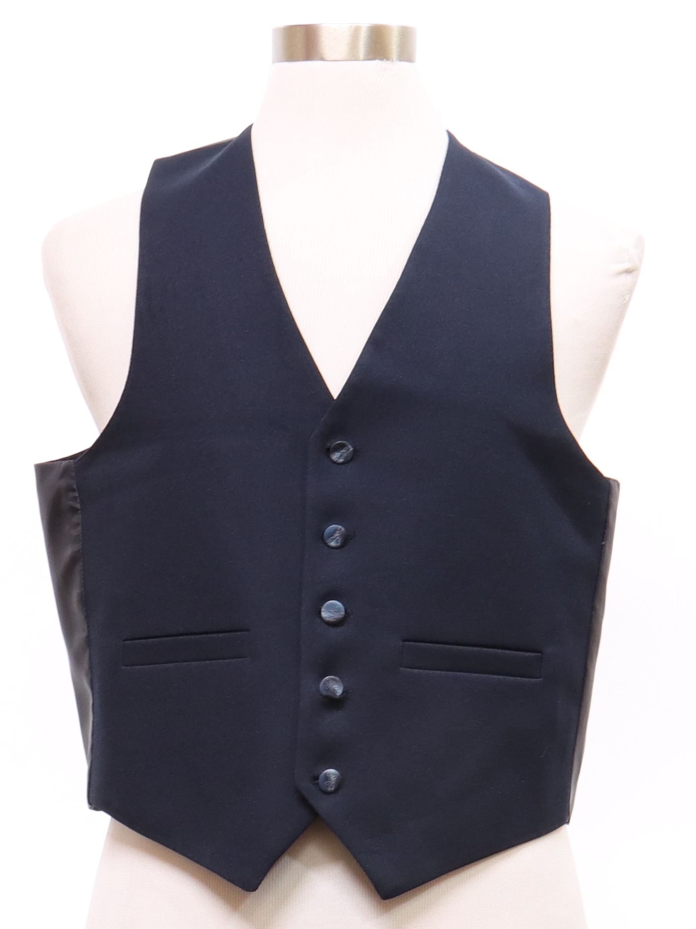 Eighties Suit: 80s -No Label- Mens navy blue polyester vest with five ...