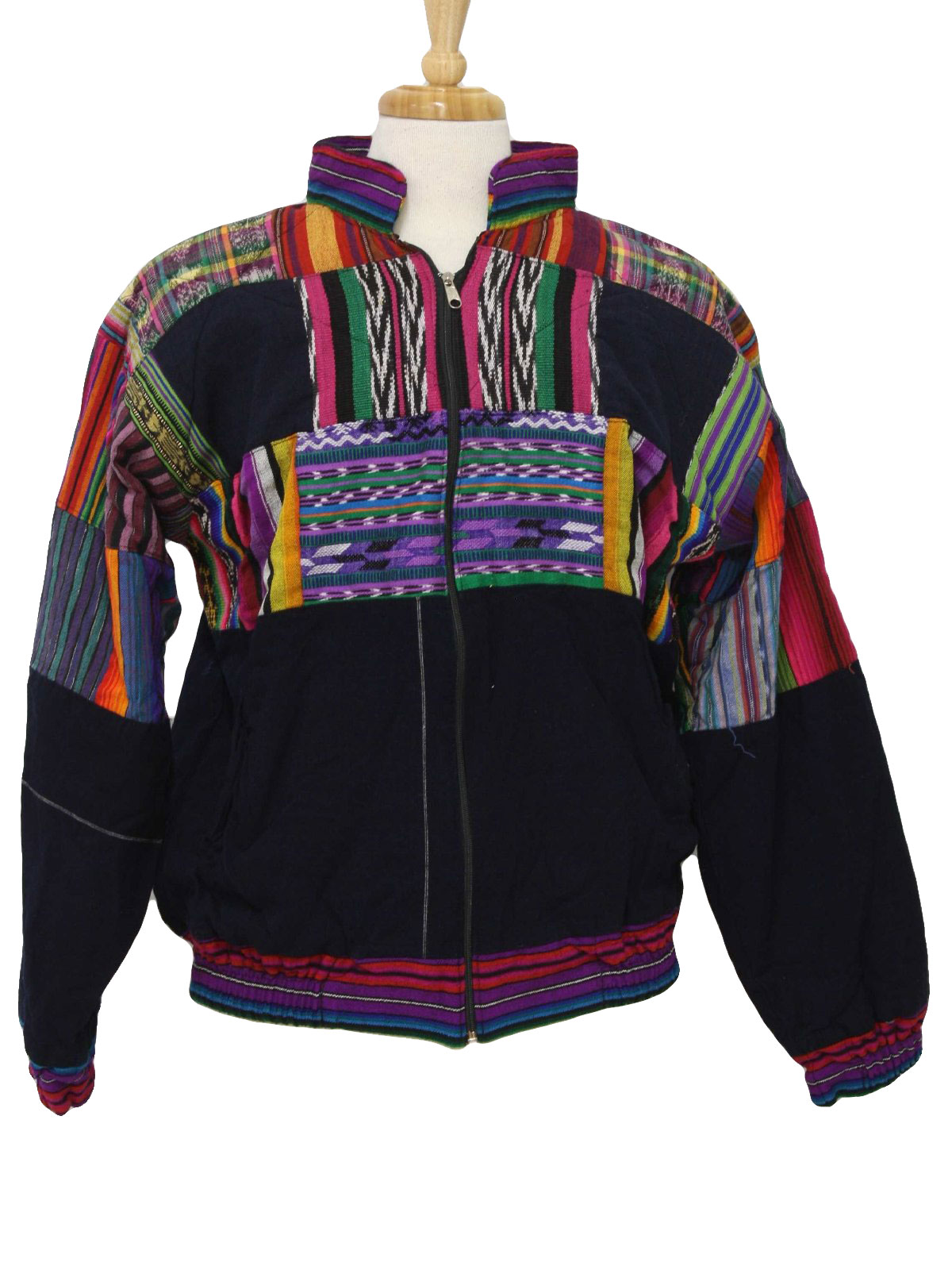 80's Jacket: 80s -no label- Unisex black and multi color woven cotton