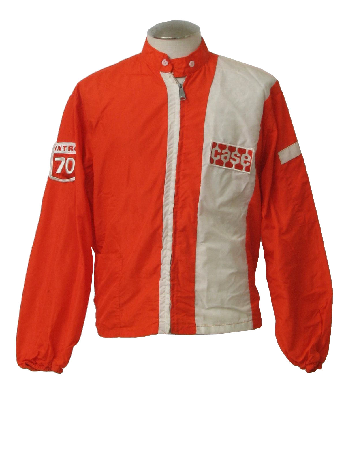 Vintage 60s Jacket: 60s -Louisville Sportswear- Mens orange and cream nylon  windbreaker style racing jacket. Wide and narrow stripe details on the  front and on the left sleeve pocket, a CASE logo