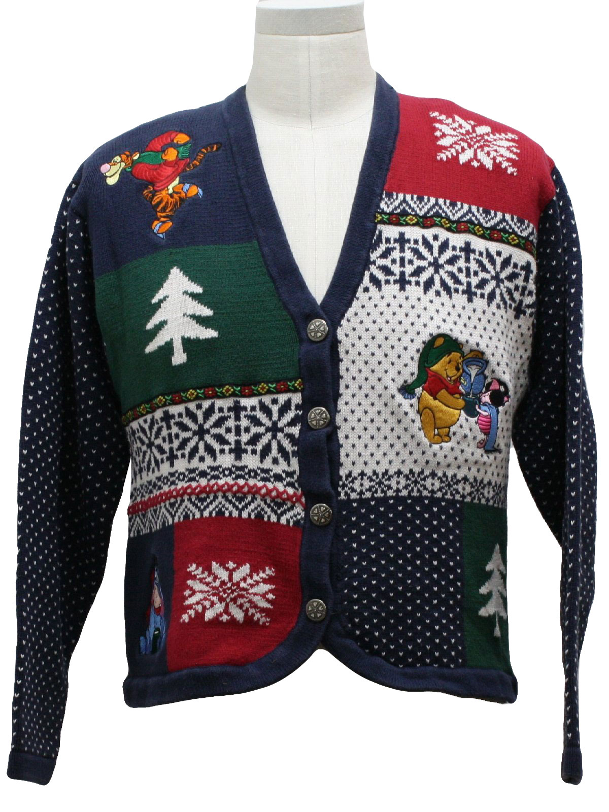 Womens Ugly Christmas Sweater Disney Store Womens blue background cotton button front longsleeve ugly Christmas sweater veed neckline with Tigger Winnie the Pooh Piglet Eeyore trees and snowflakes o...