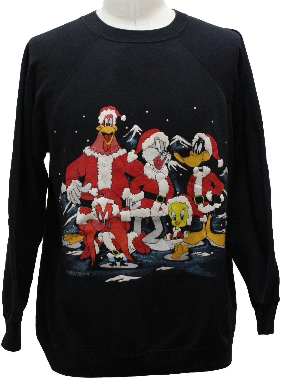 Looney Tunes Ugly Christmas Sweatshirt Hanes Unisex black background cotton acrylic blend pull over longsleeve ugly Christmas Sweatshirt round neckline with the Looney Tunes gang Foghorn Leghorn Bug...