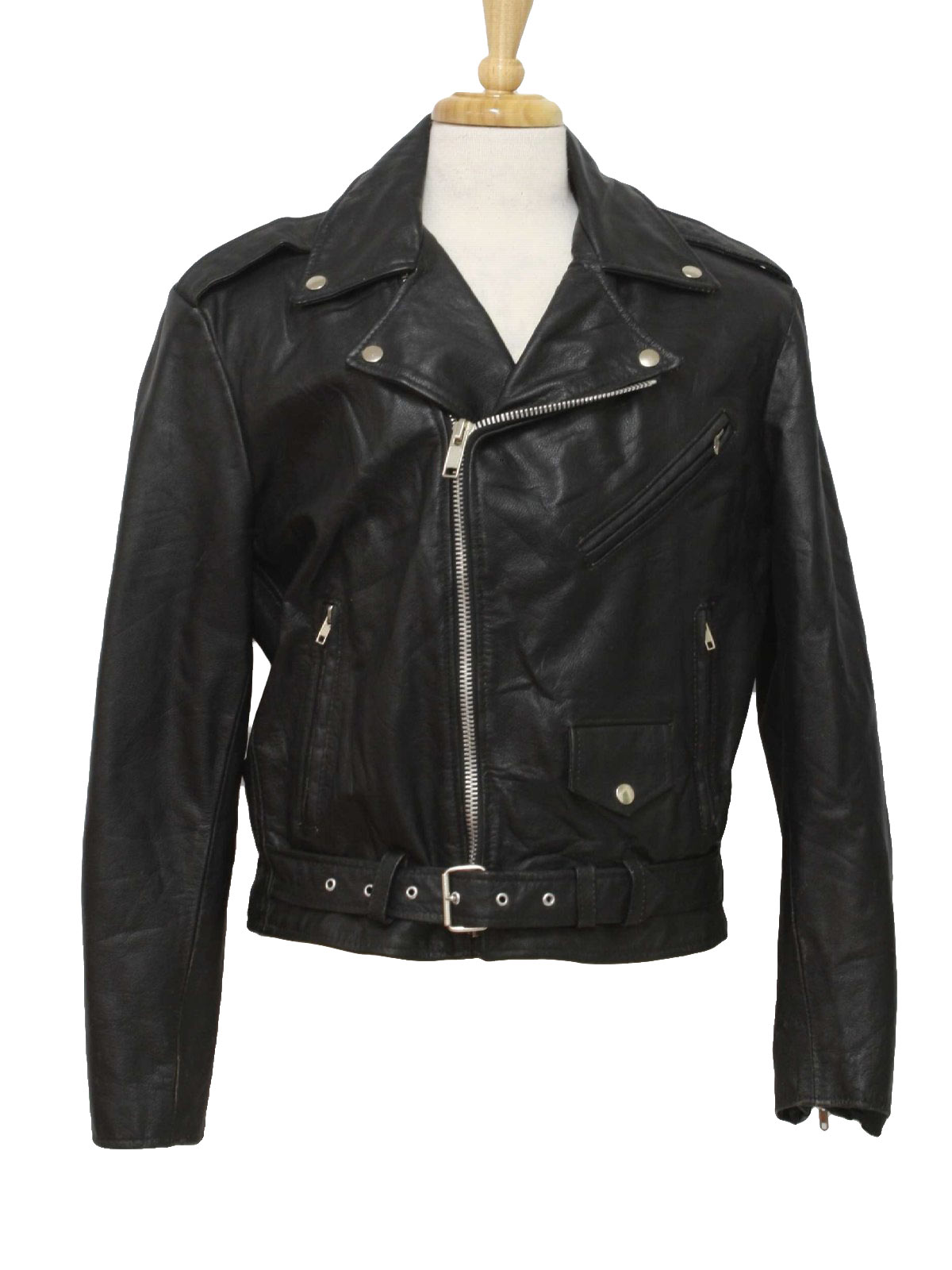 Phase 2 Eighties Vintage Leather Jacket 80s Phase 2 Mens black leather long sleeve biker jacket with diagonal zip front closure snap down fold over notched collar one left front zippered chest