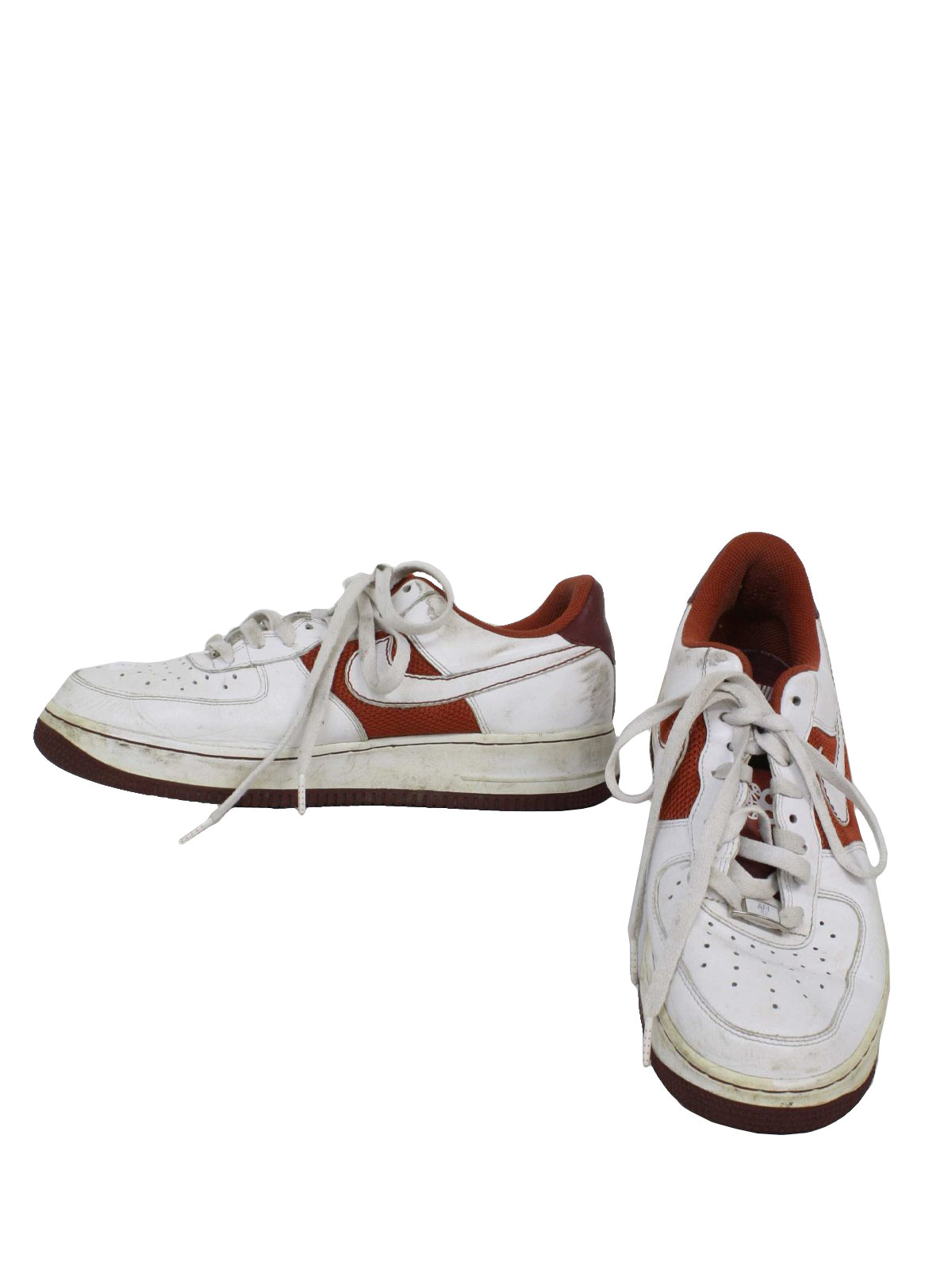 Vintage 1990's Shoes: 90s -Nike Air- Mens white and shaded brick classic  old school style tennis shoes with -AF1 82- bridge at lower laces and  glossy -410- back. Shoes show light wear
