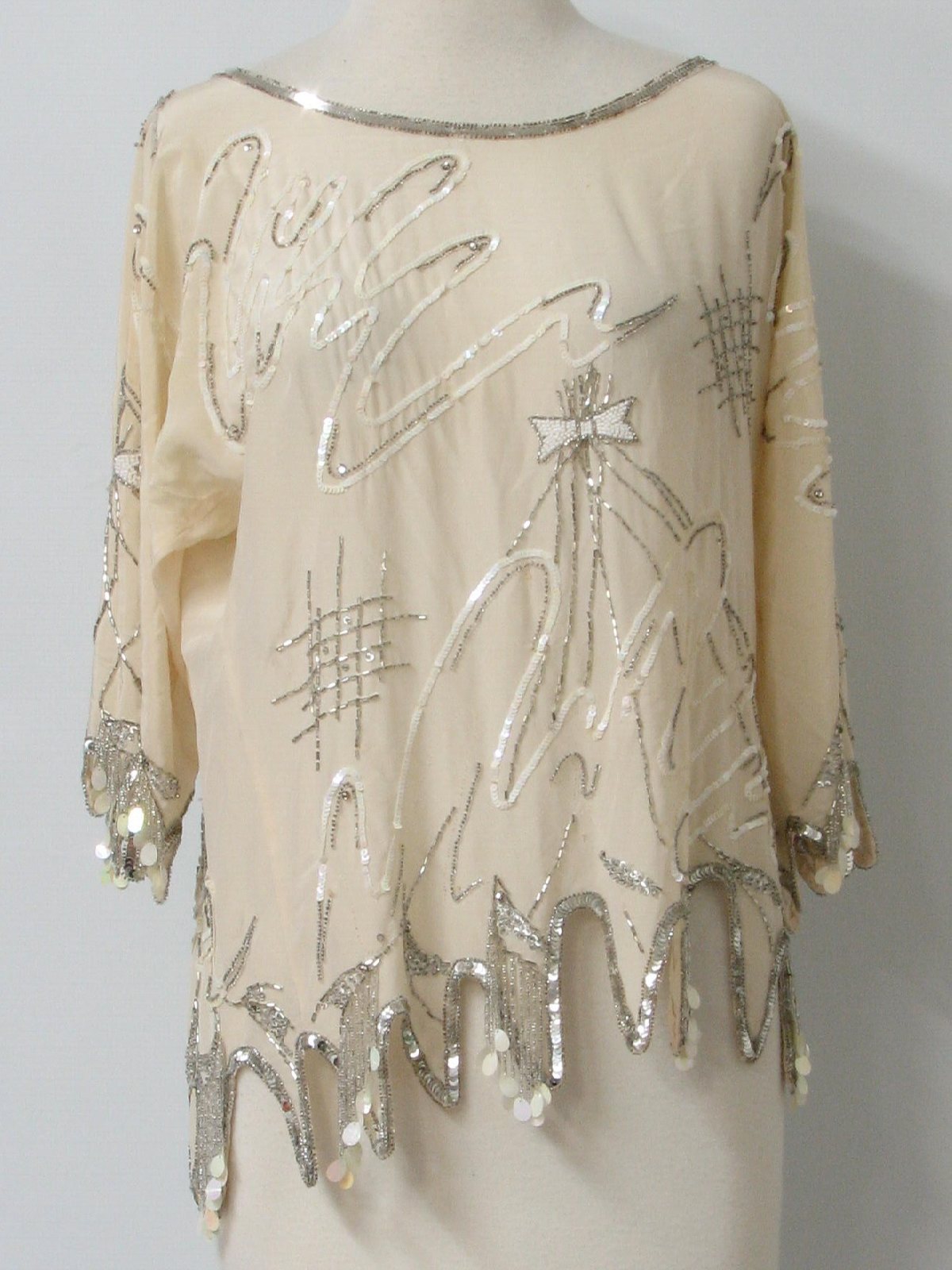 1980's Retro Shirt: 80s -Argenti- Womens cream silk backed silver and ...