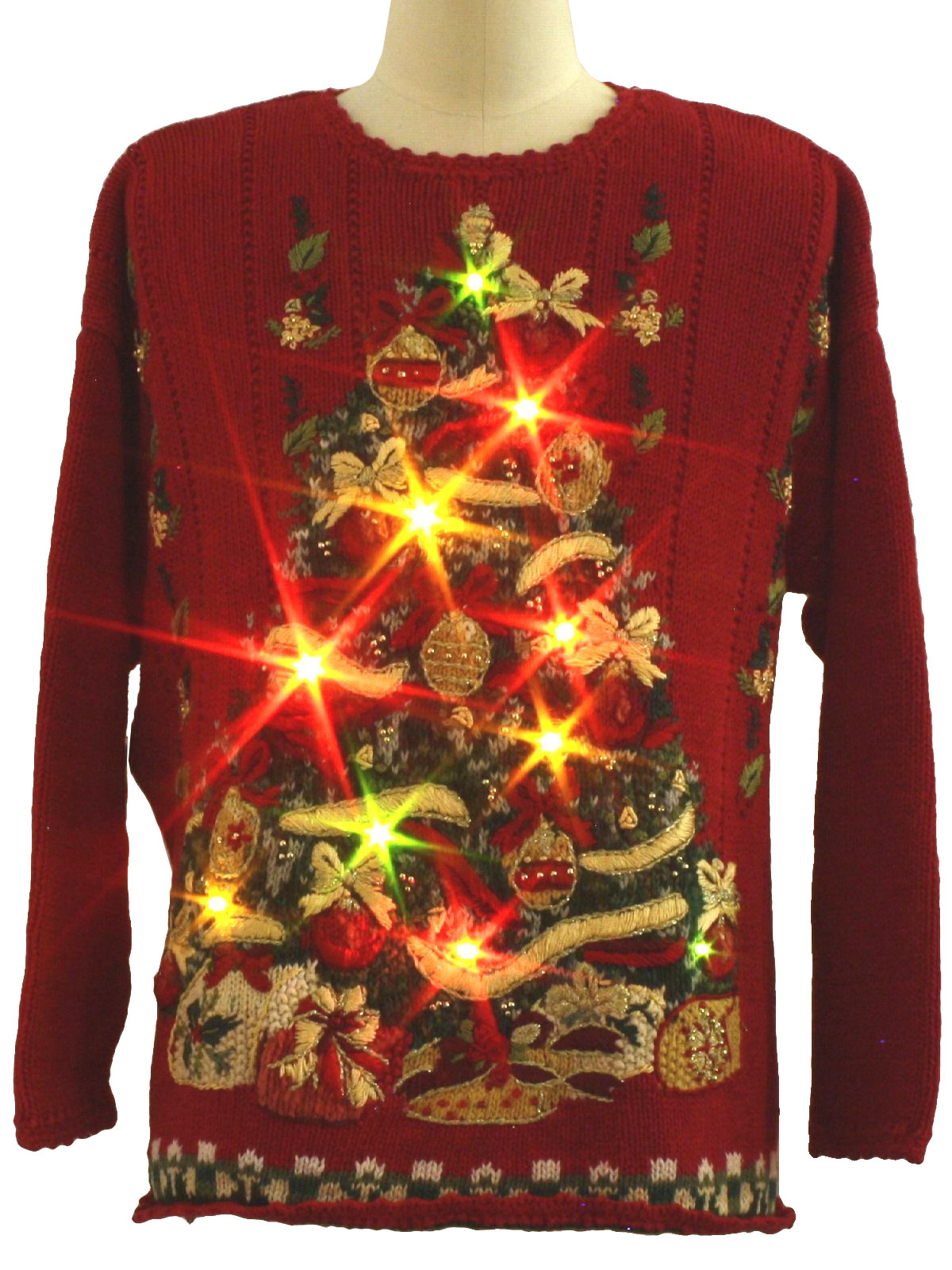 Lightup Ugly Christmas Sweater Heirloom Collectibles Unisex red background cotton ramie blend pullover longsleeve Ugly light up 10 removable battery powered multicolored colored led Christmas flashi...