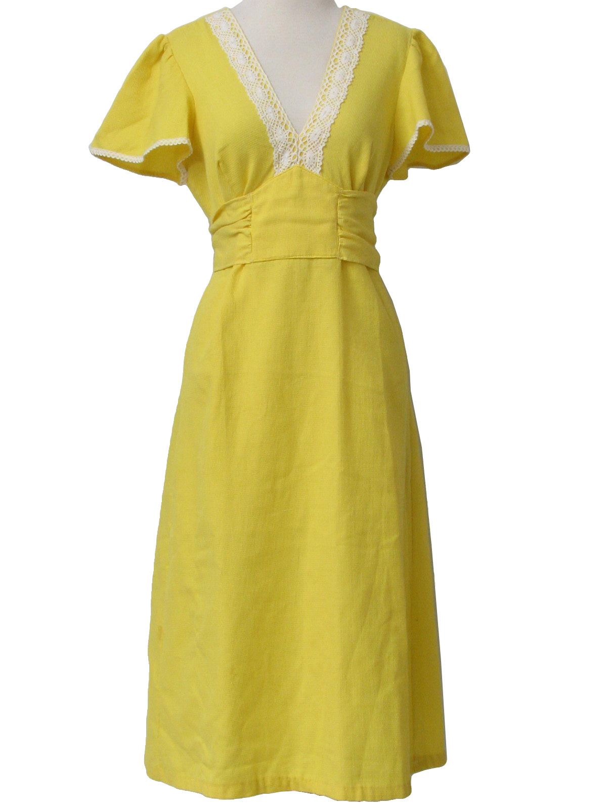 1970s home sewn Dress: 70s -home sewn- Womens lemon yellow and white ...