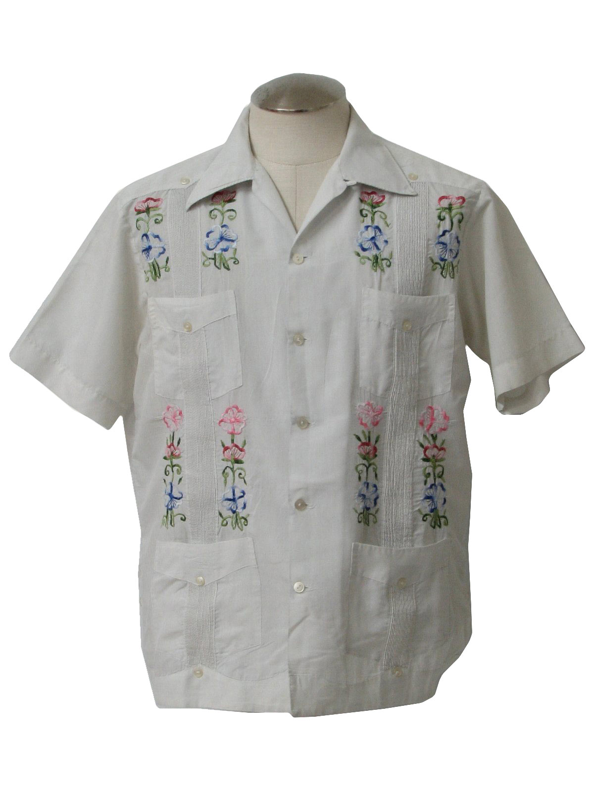 70s Retro Guayabera Shirt: 70s -Yucatan- Mens chalk grey polyester and ...