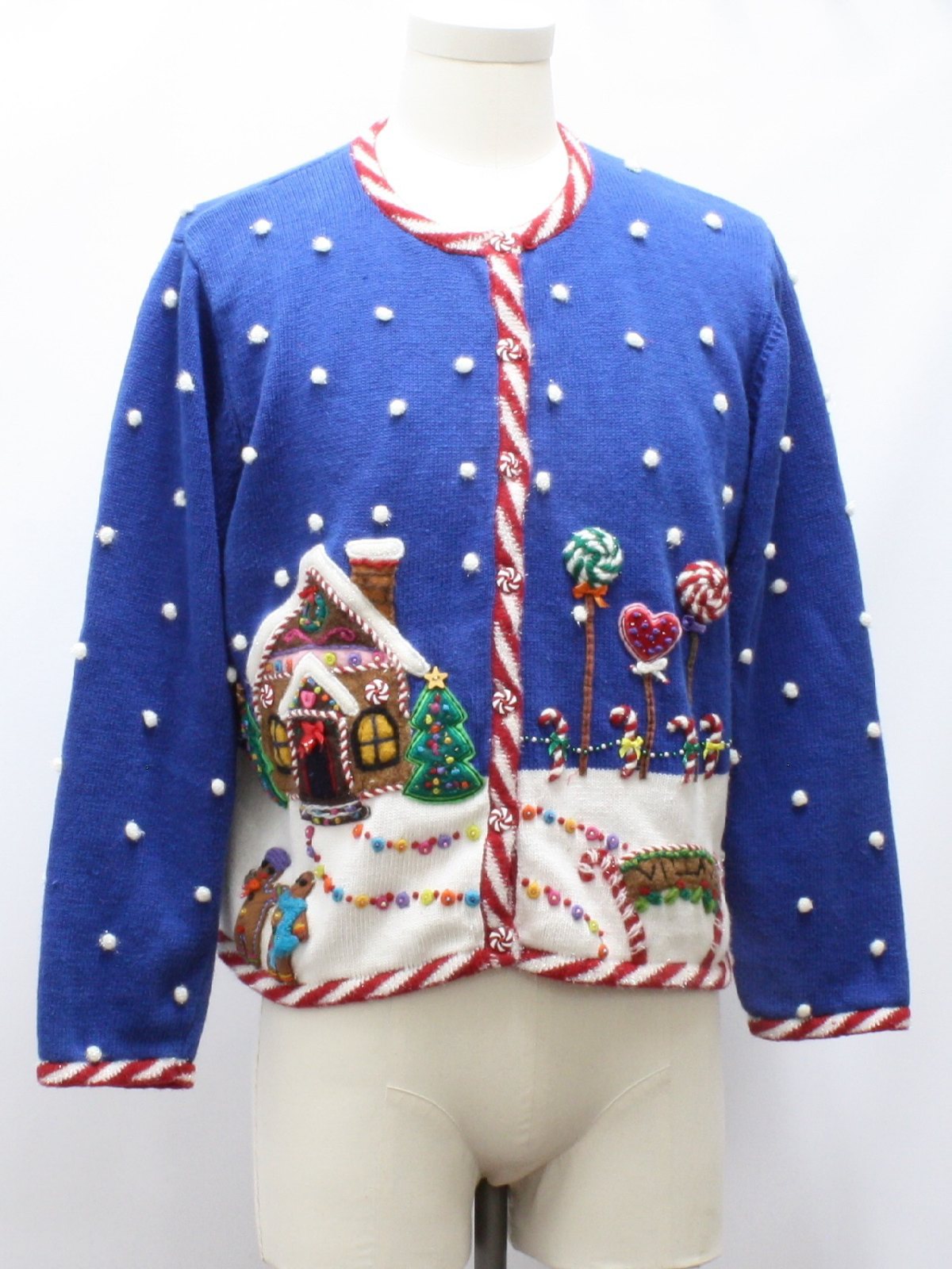 Womens Ugly Christmas Cardigan Sweater Marisa Christina Womens blue background cotton ramie blend button front longsleeve cardigan ugly Christmas Sweater cardigan neckline with a gingerbread house g...
