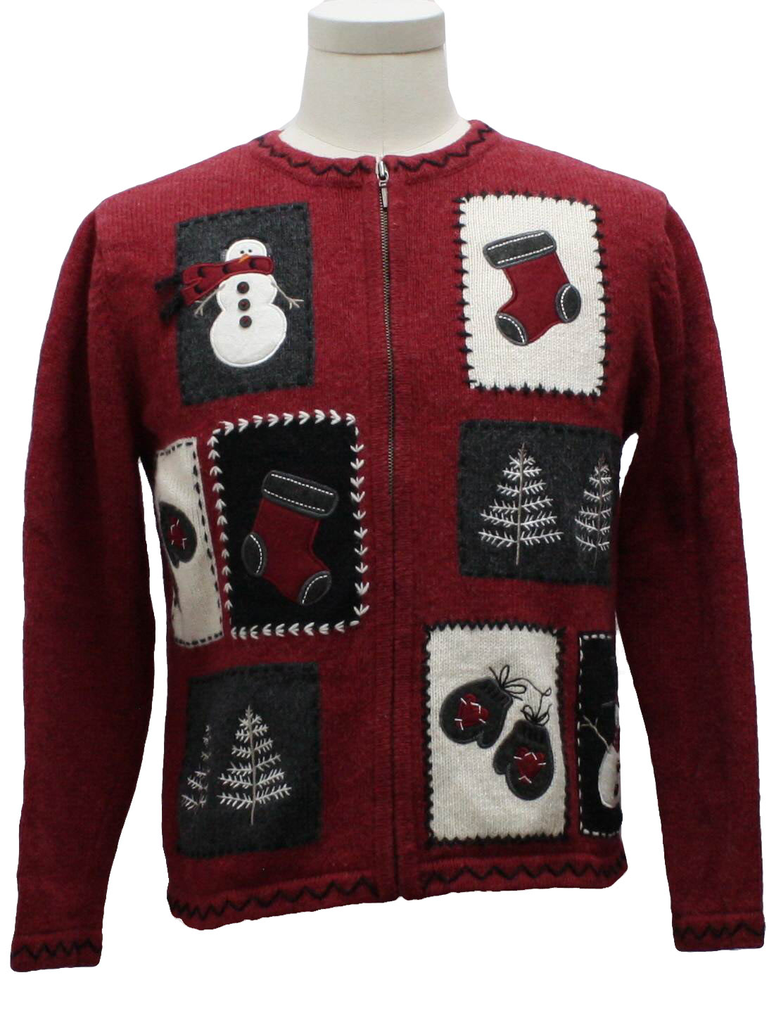 Womens Ugly Christmas Sweater Croft and Barrow Womens red background acrylic ramie blend zip front longsleeve ugly Christmas Sweater round neckline with gray white and black patches with snowmen sto...