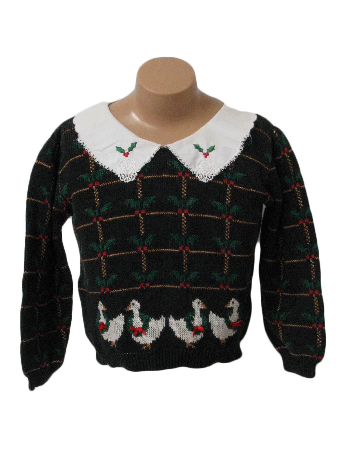 80s Vintage Sweater Loft Womens Ugly Christmas Sweater 80s authentic vintage Sweater Loft Womens black background cotton ramie blend longsleeve pullover ugly Christmas sweater white fold over collar...