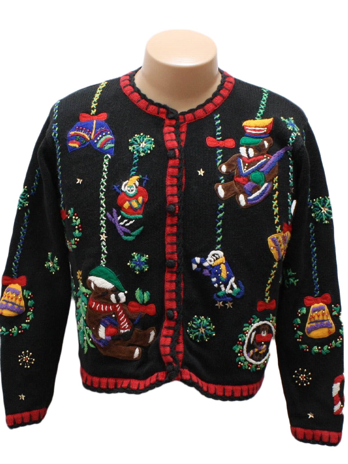 Womens Ugly Christmas Sweater: -Segue- Womens black background, red ...