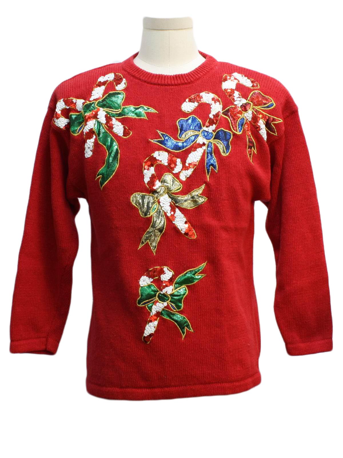 Womens Sequined Candy Cane Ugly Christmas Sweater: -Victoria Harbour